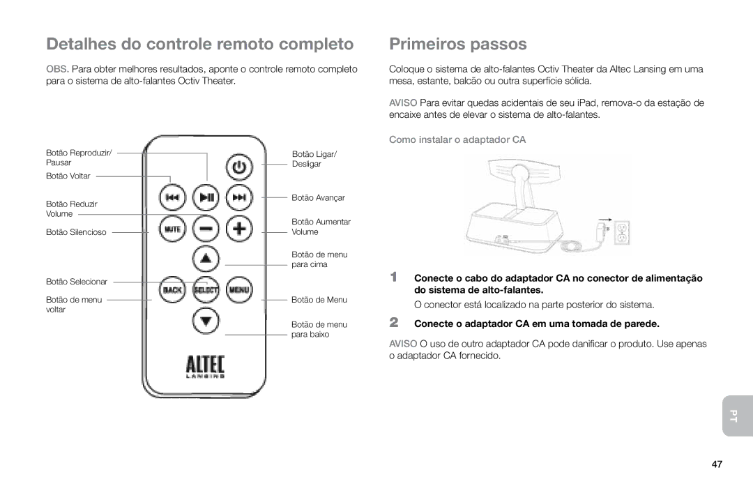 Altec Lansing MP450 manual Detalhes do controle remoto completo, Primeiros passos, Como instalar o adaptador CA 