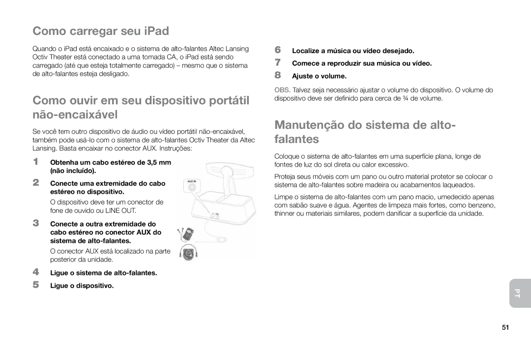 Altec Lansing MP450 manual Como carregar seu iPad, Como ouvir em seu dispositivo portátil não-encaixável 