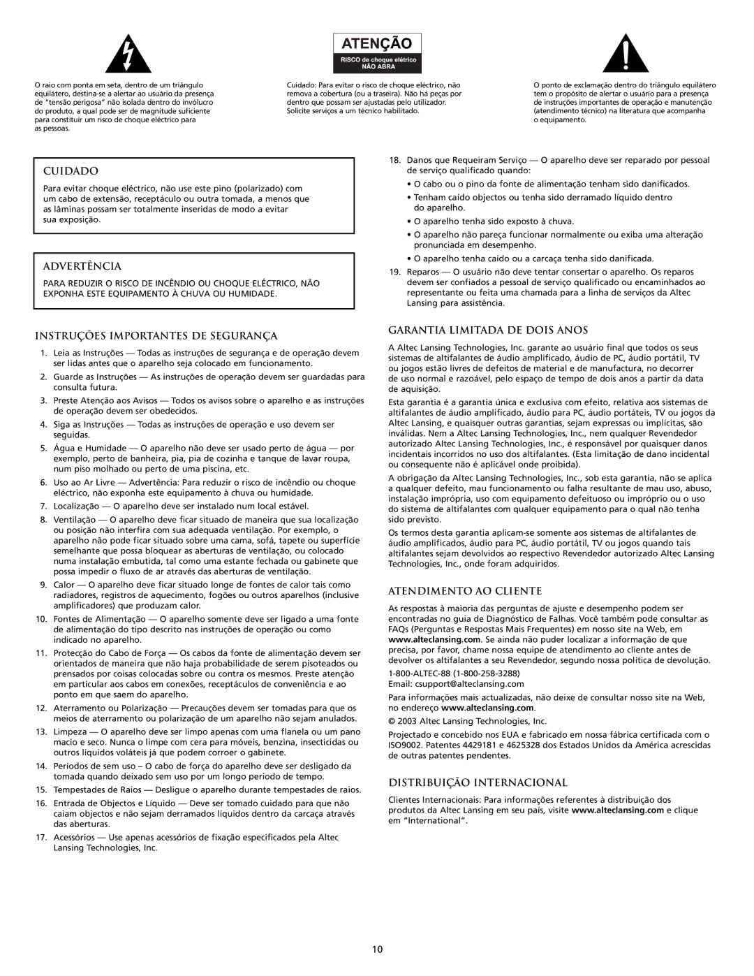 Altec Lansing MX5020 manual Cuidado, Advertência, Instruções Importantes DE Segurança, Garantia Limitada DE Dois Anos 