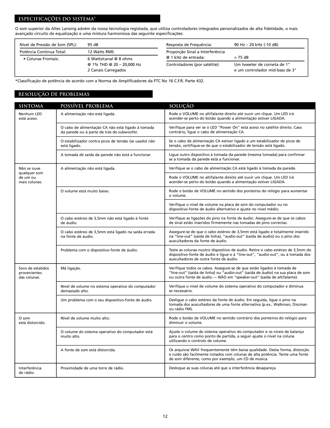 Altec Lansing MX5020 manual Especificações do Sistema, Resolução DE Problemas Sintoma Possível Problema Solução 