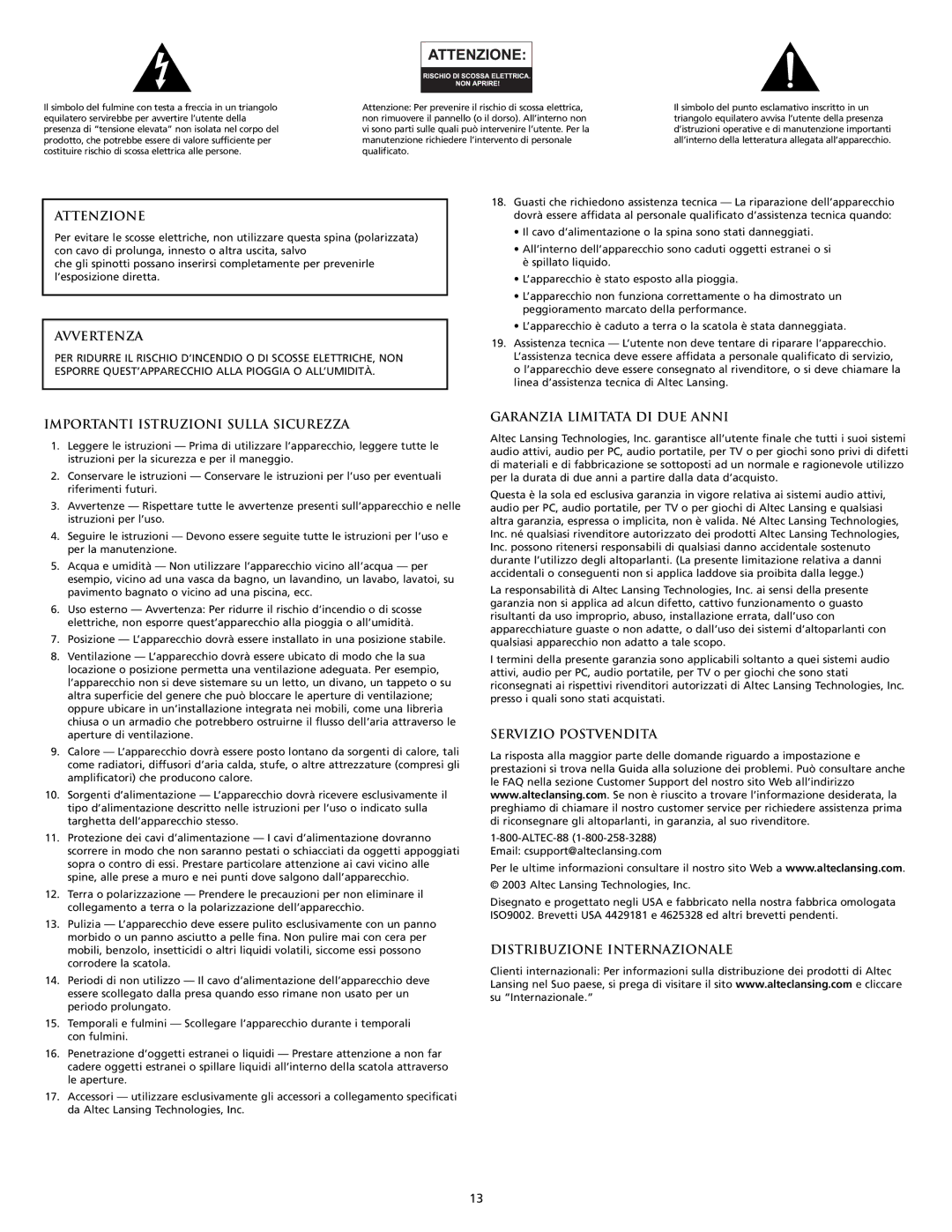 Altec Lansing MX5020 manual Attenzione, Avvertenza, Importanti Istruzioni Sulla Sicurezza, Garanzia Limitata DI DUE Anni 