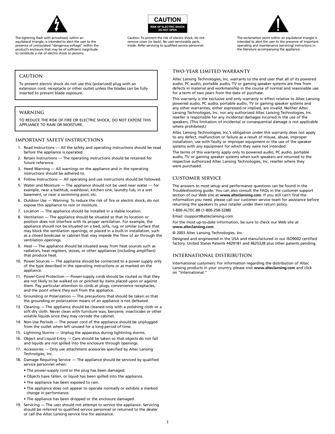 Altec Lansing MX5020 manual Important Safety Instructions, TWO-YEAR Limited Warranty, Customer Service 