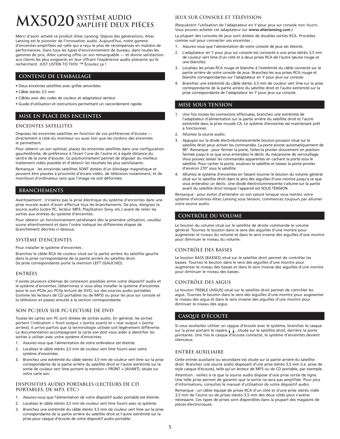 Altec Lansing MX5020 Contenu DE L’EMBALLAGE, Mise EN Place DES Enceintes, Branchements, Mise Sous Tension, Casque D’ÉCOUTE 
