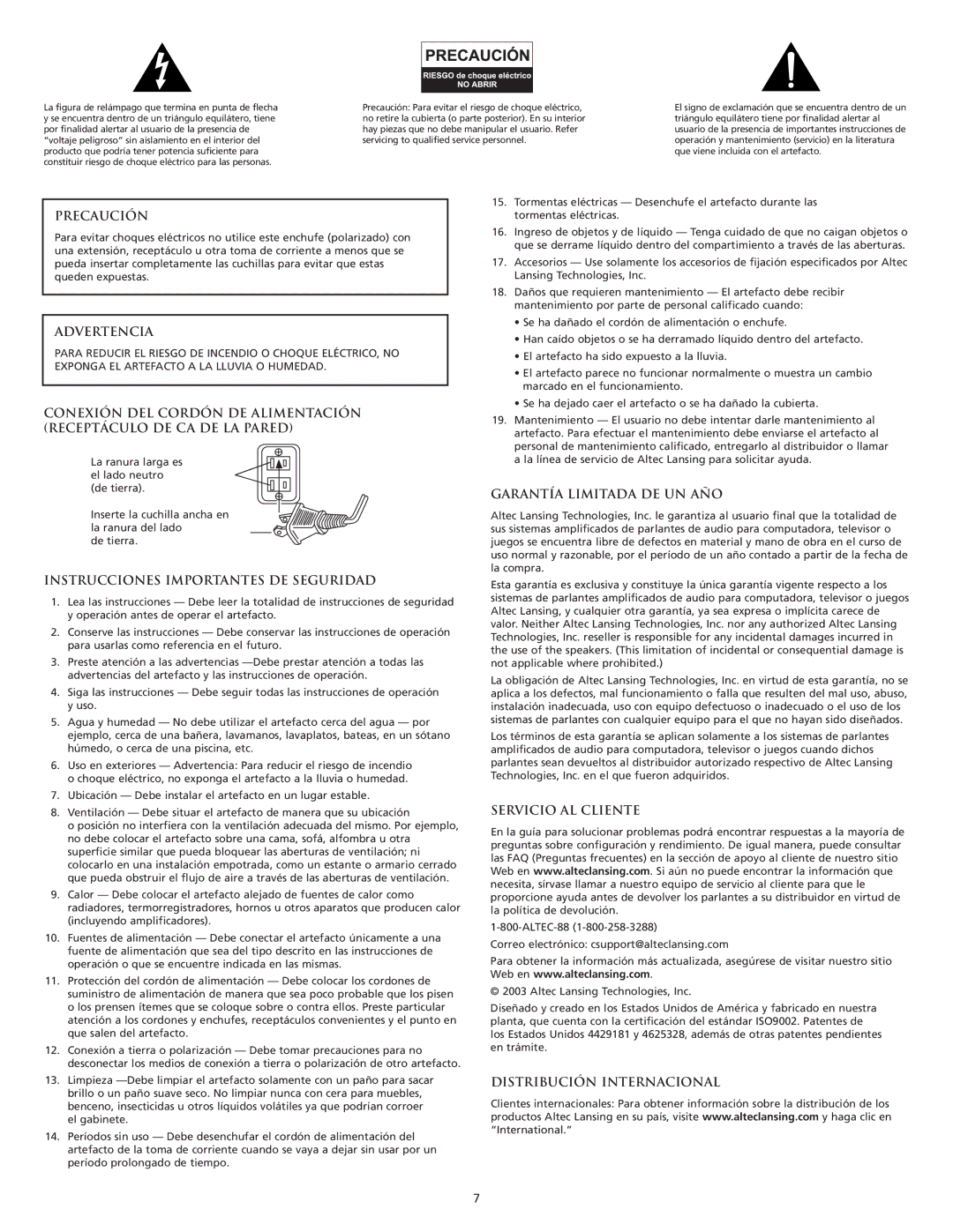 Altec Lansing MX5020 manual Precaución, Advertencia, Instrucciones Importantes DE Seguridad, Garantía Limitada DE UN AÑO 