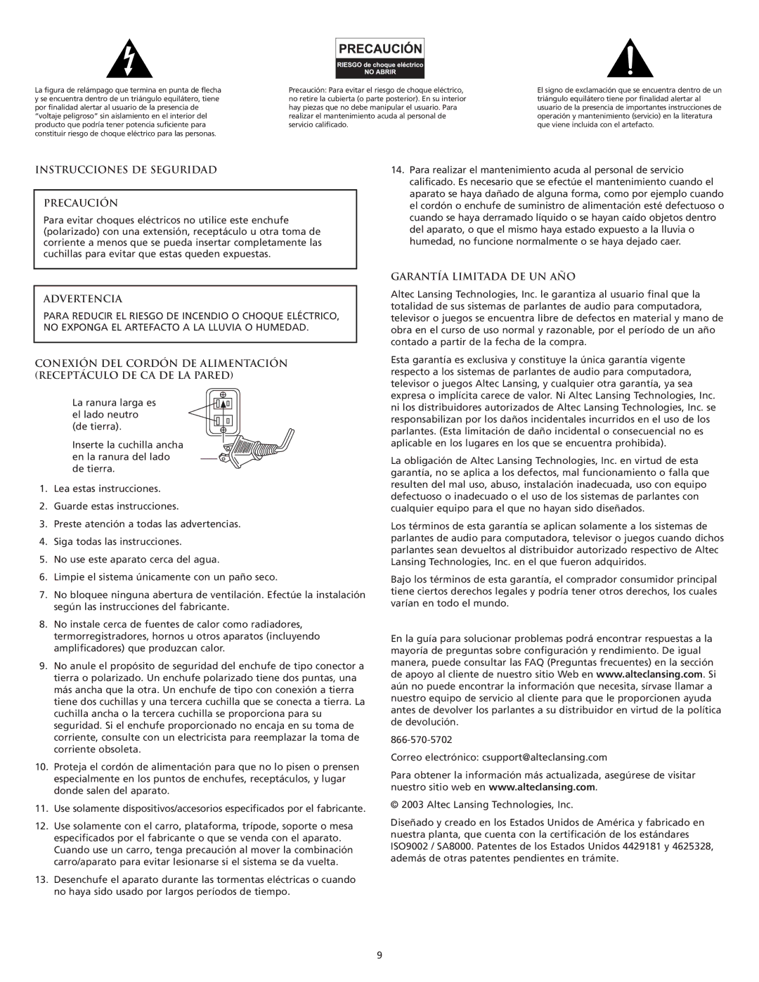 Altec Lansing MX5021 manual Instrucciones DE Seguridad Precaución, Advertencia, Garantía Limitada DE UN AÑO 
