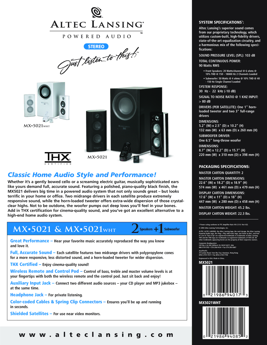 Altec Lansing MX5021wht manual System SPECIFICATIONS†, Packaging Specifications, MX5021WHT 