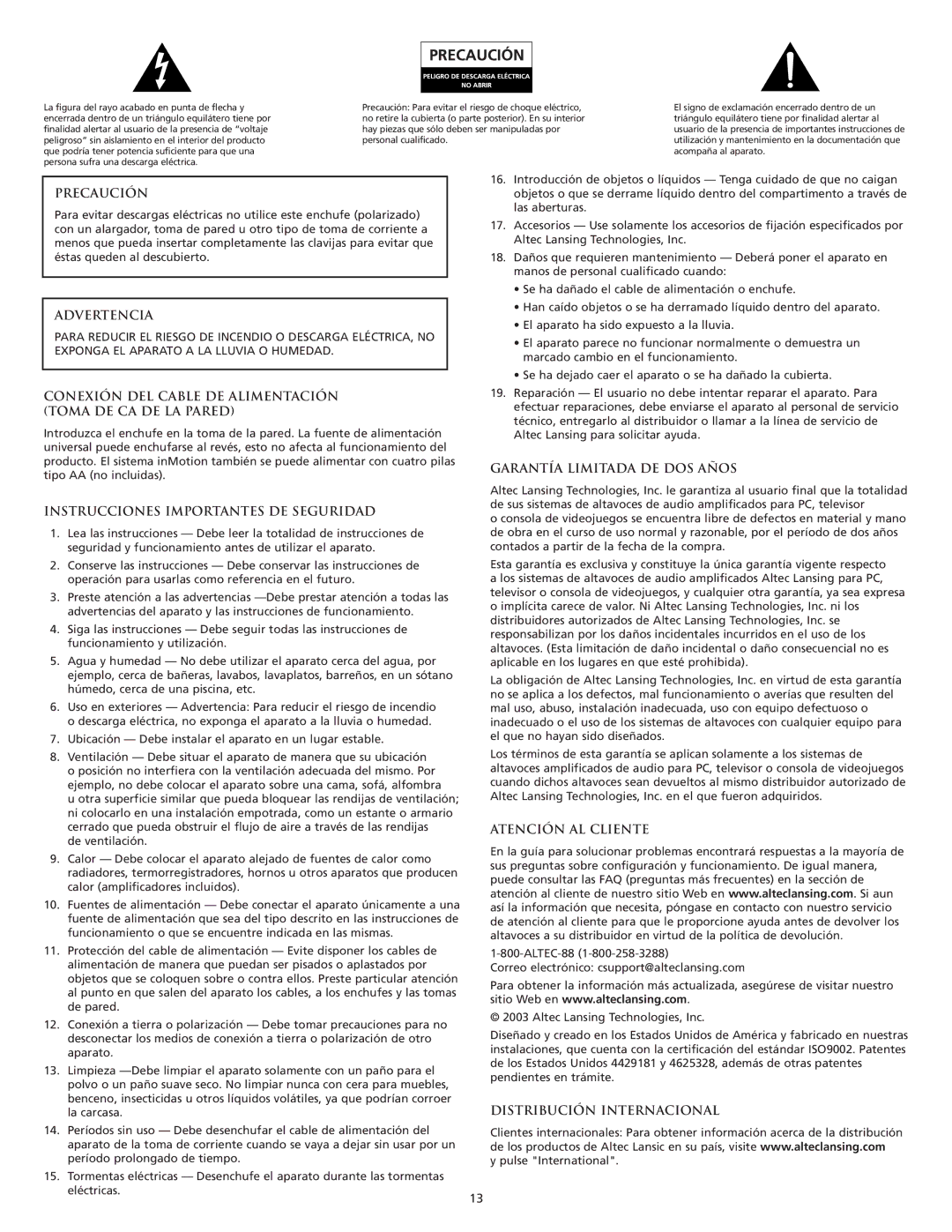 Altec Lansing Portable Speaker Docking Station manual Precaución, Advertencia, Instrucciones Importantes DE Seguridad 