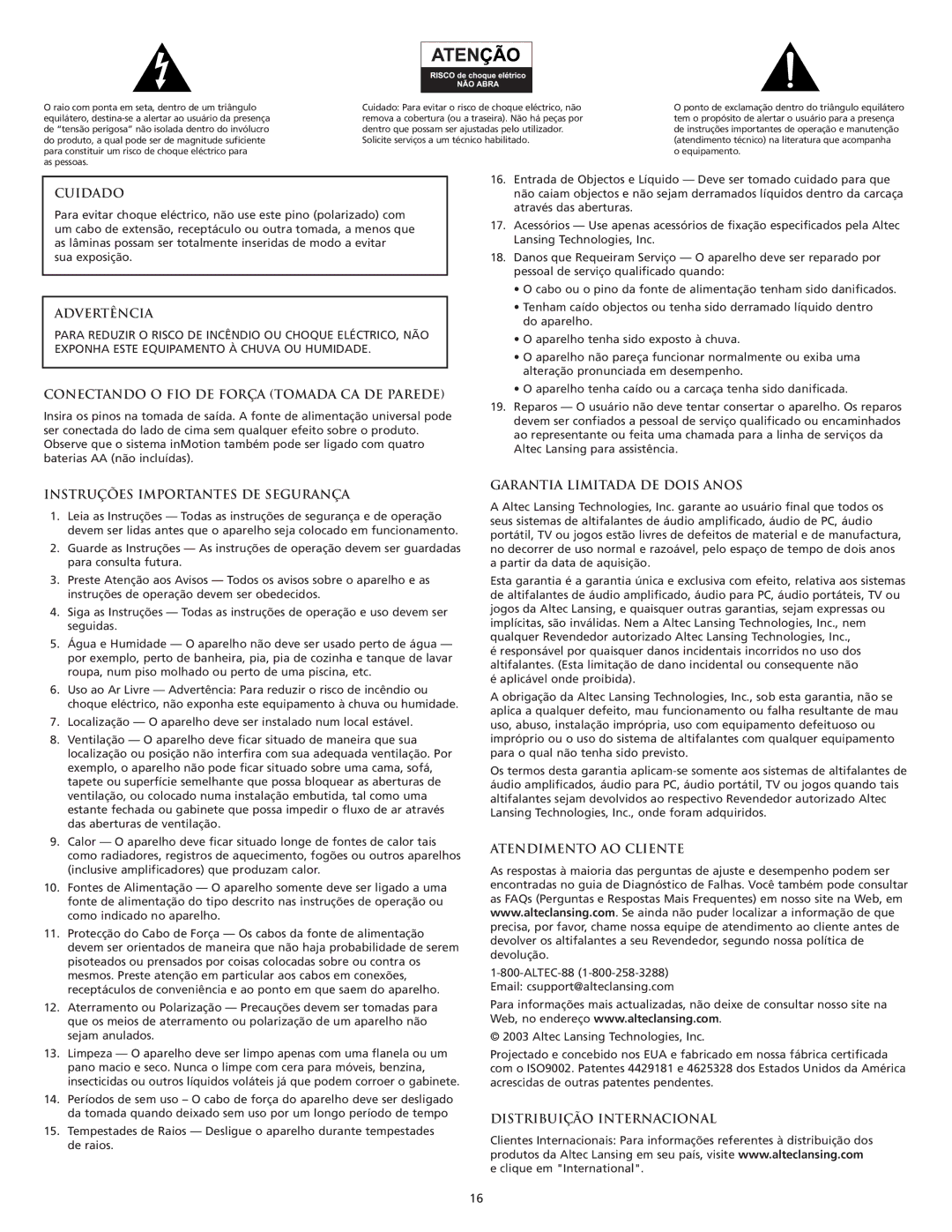 Altec Lansing Portable Speaker Docking Station manual Cuidado, Advertência, Conectando O FIO DE Força Tomada CA DE Parede 