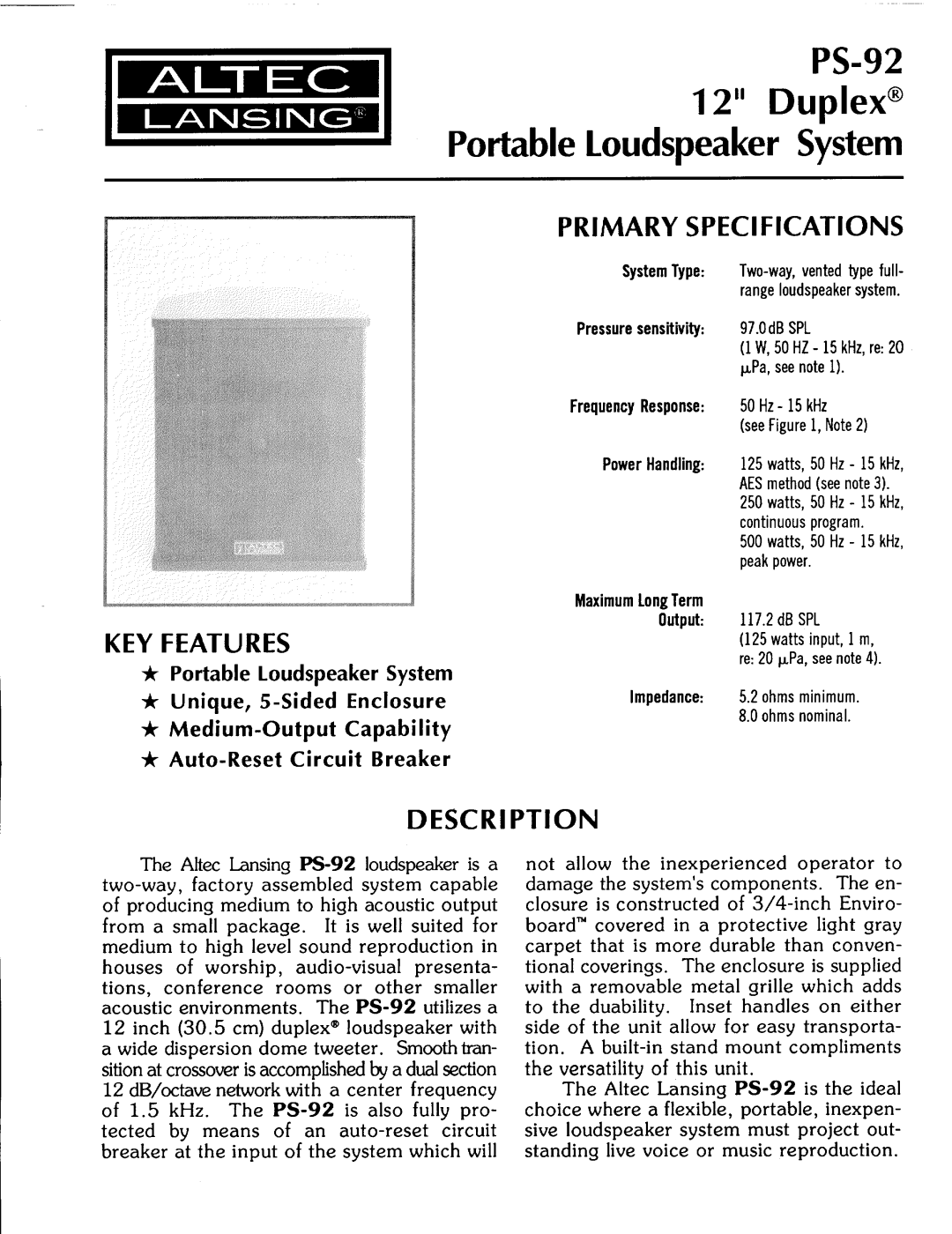 Altec Lansing PS-92 manual 