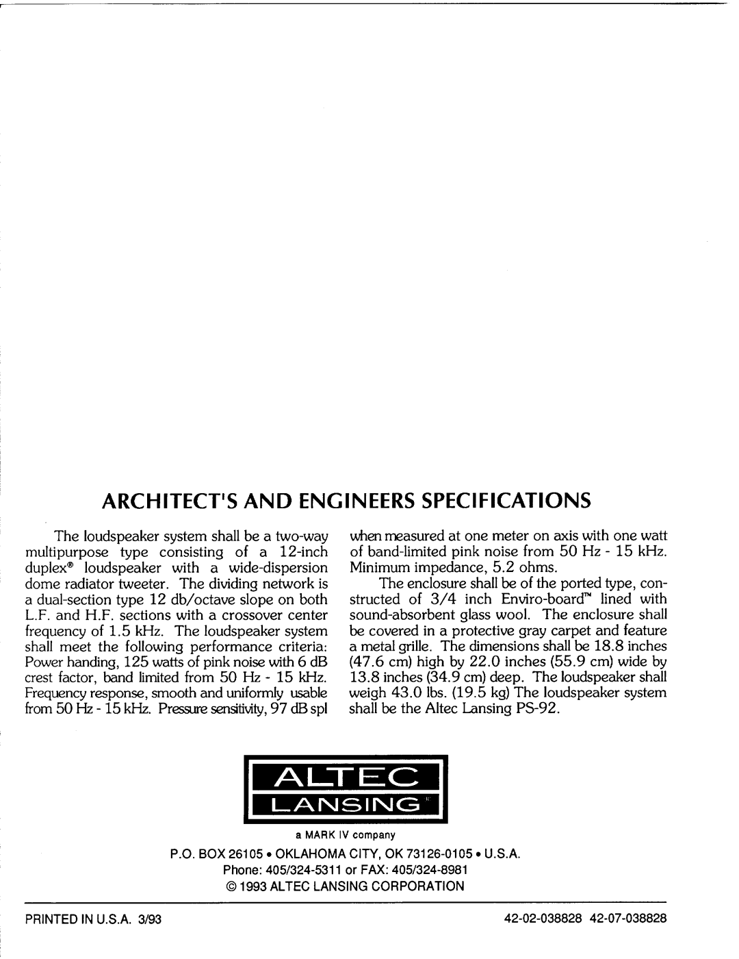 Altec Lansing PS-92 manual 