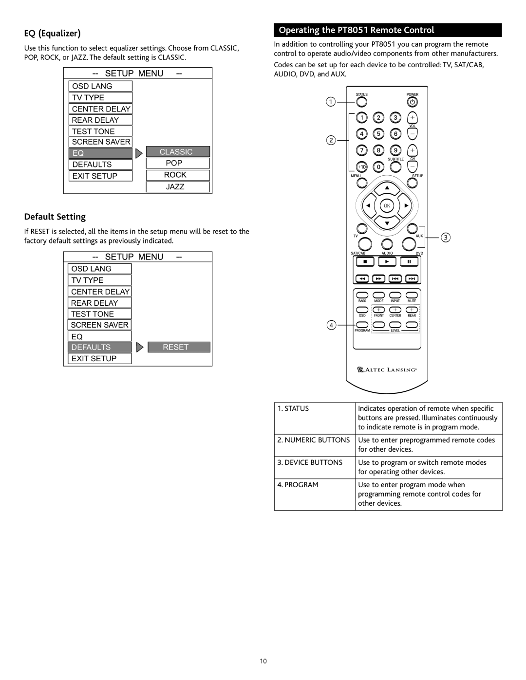 Altec Lansing manual EQ Equalizer, Default Setting, Operating the PT8051 Remote Control 