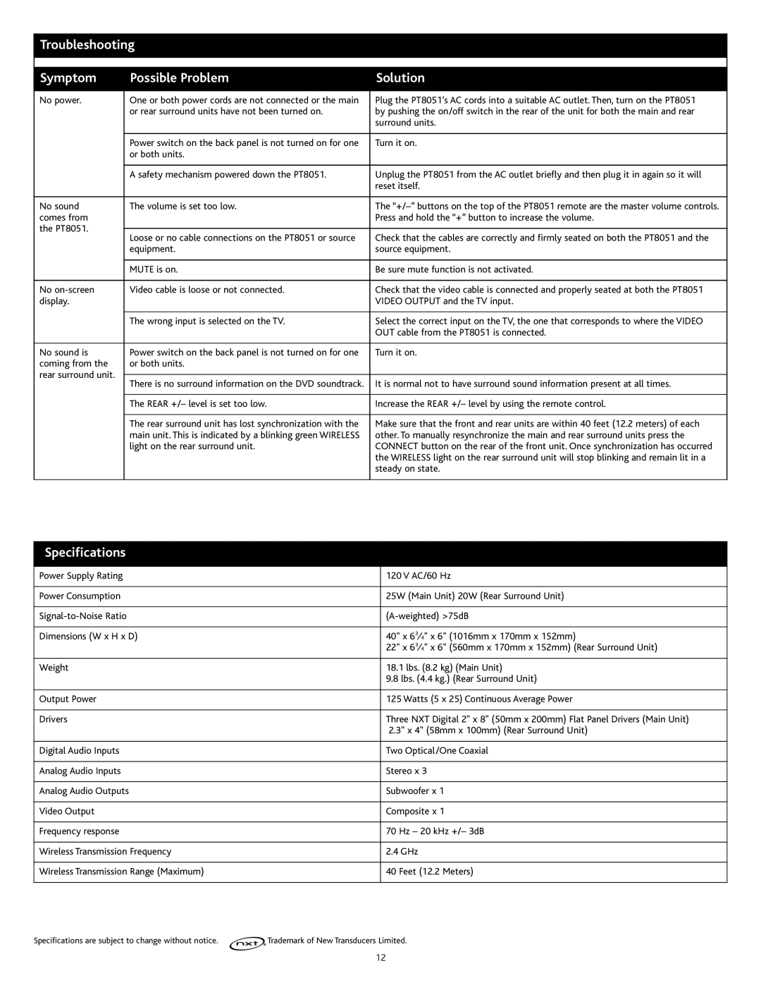 Altec Lansing PT8051 manual Troubleshooting Symptom Possible Problem Solution, Specifications 