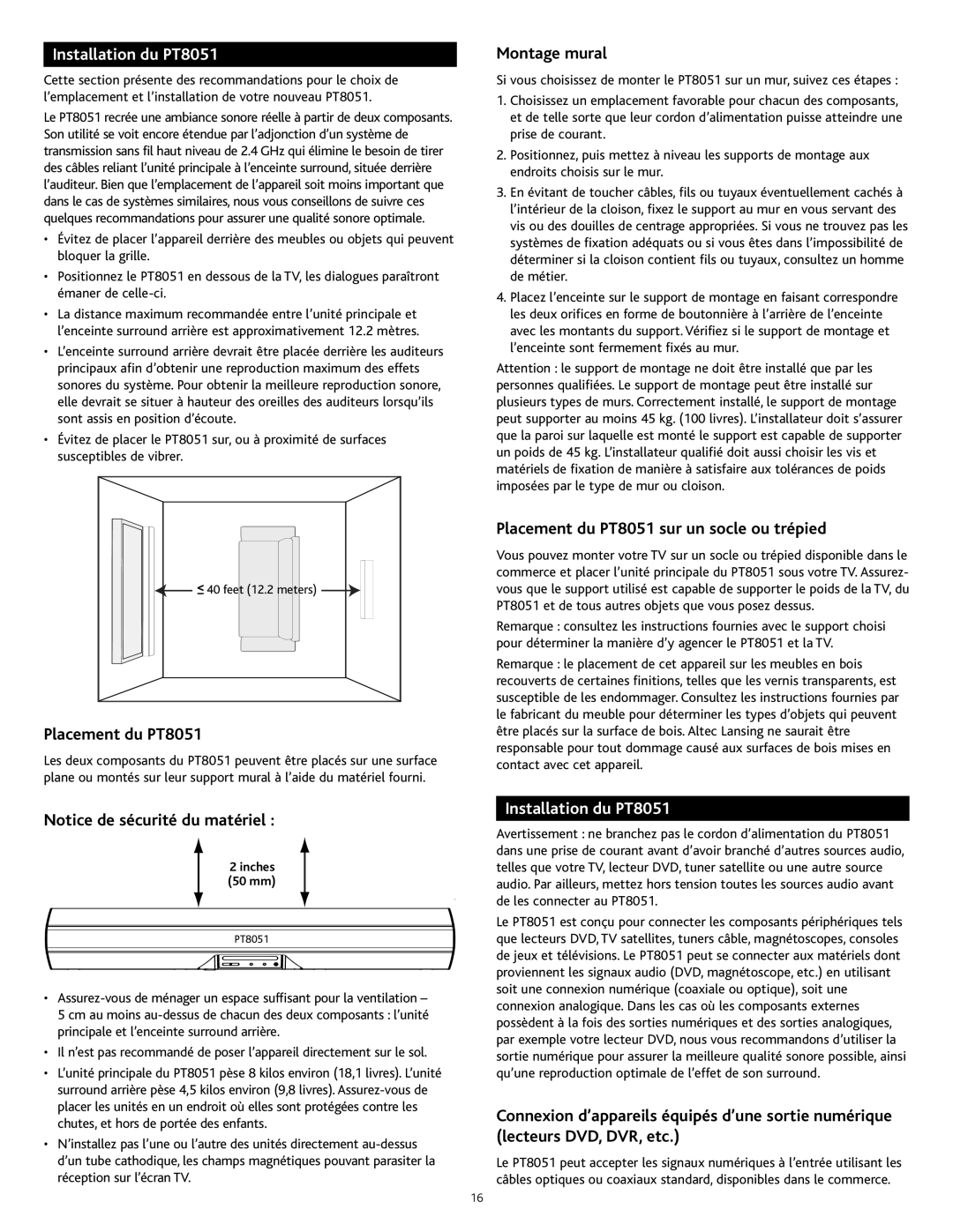 Altec Lansing manual Installation du PT8051, Montage mural, Placement du PT8051 sur un socle ou trépied 