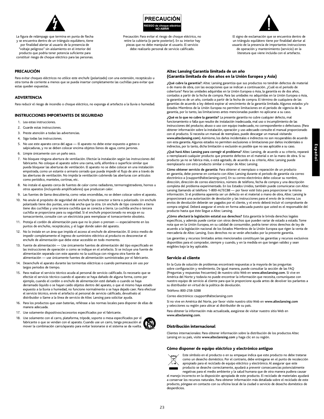 Altec Lansing PT8051 manual Precaución, Advertencia, Instrucciones Importantes DE Seguridad, Servicio al cliente 