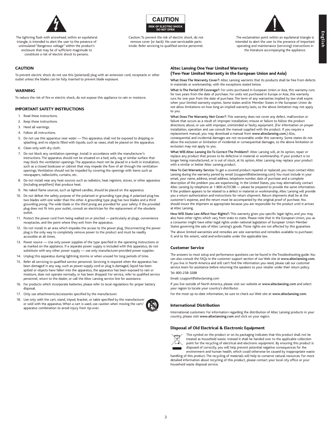 Altec Lansing PT8051 manual Important Safety Instructions, Customer Service 