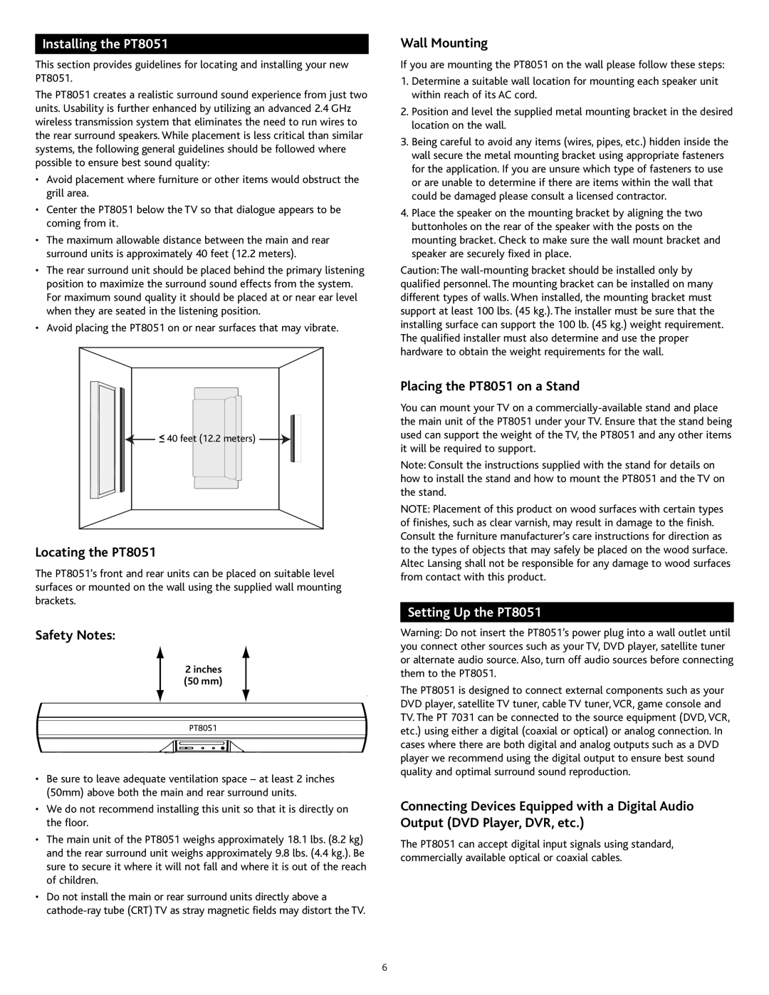 Altec Lansing manual Installing the PT8051, Setting Up the PT8051 