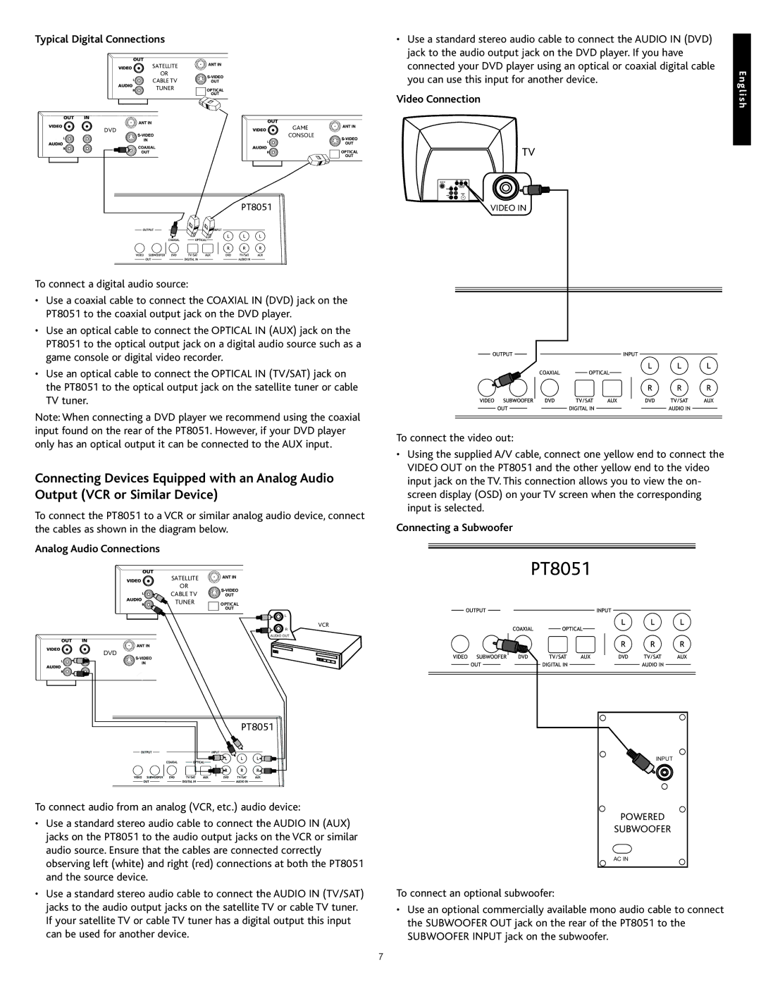 Altec Lansing PT8051 Typical Digital Connections, Analog Audio Connections, Connecting a Subwoofer, Powered Subwoofer 