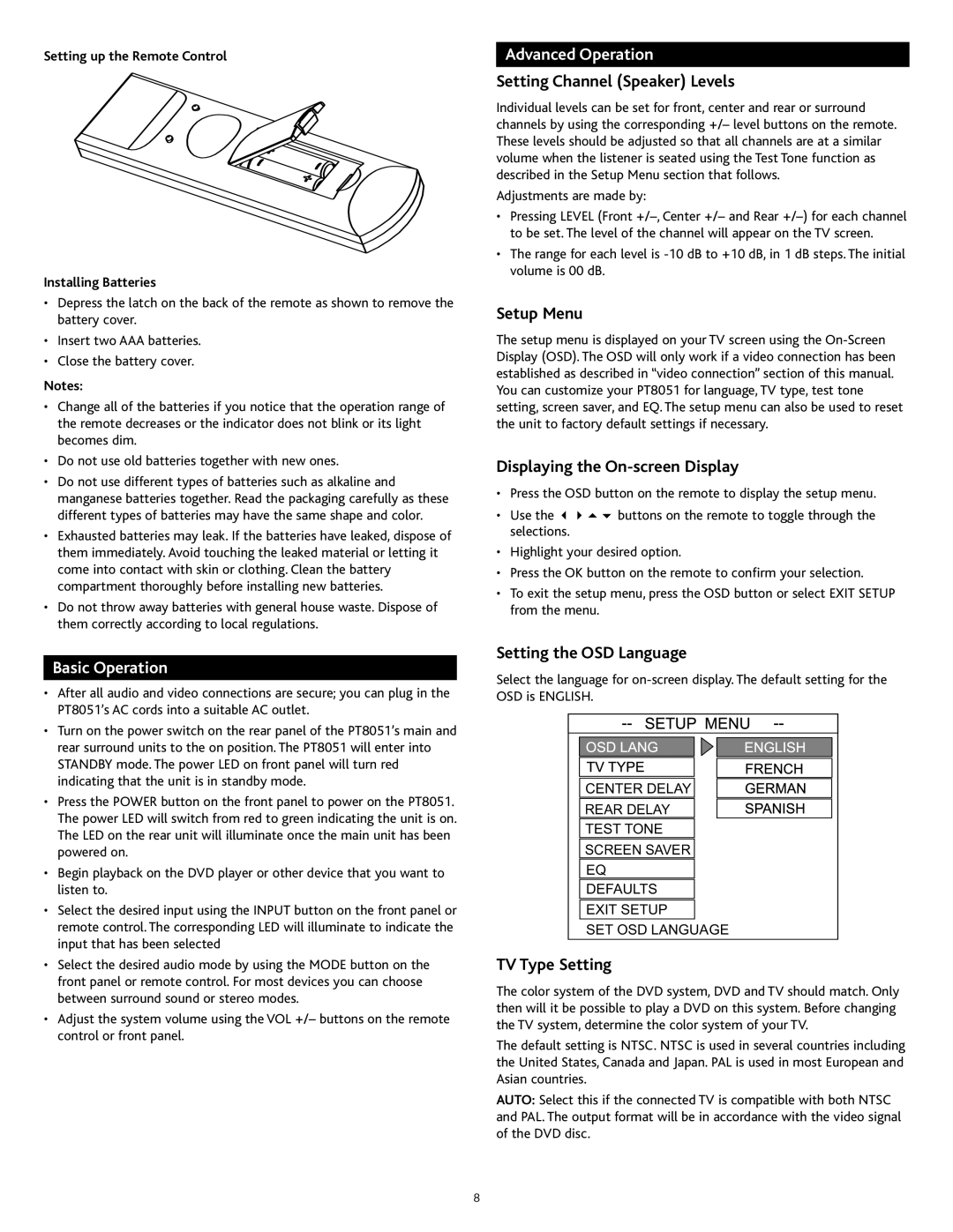 Altec Lansing PT8051 manual Basic Operation, Advanced Operation 