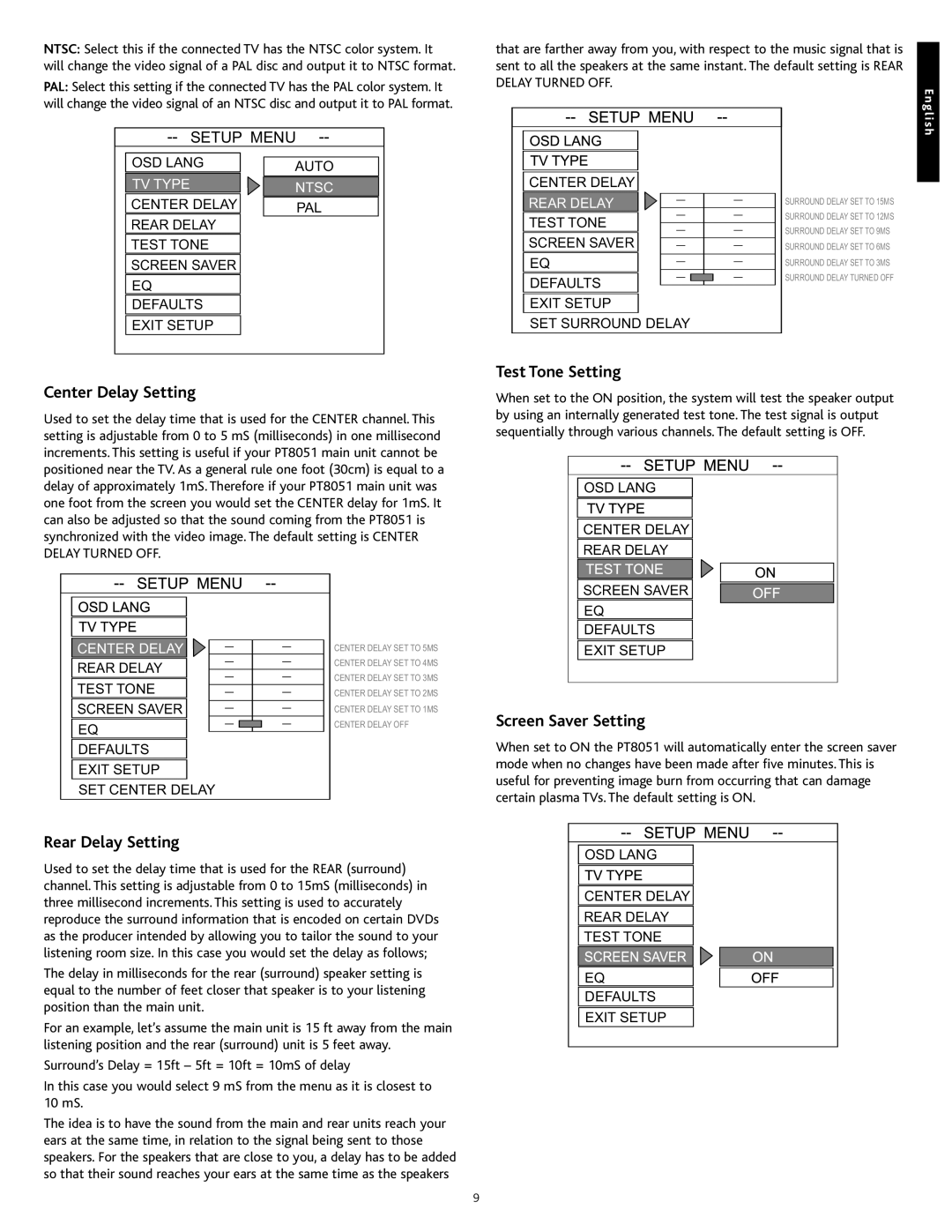 Altec Lansing PT8051 manual Center Delay Setting, Rear Delay Setting, Test Tone Setting, Screen Saver Setting 