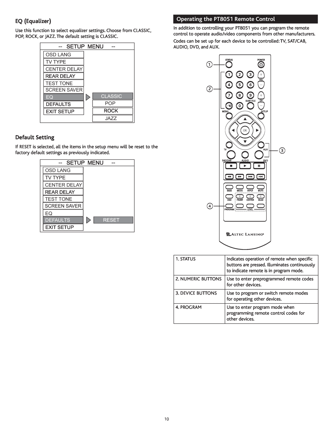 Altec Lansing manual EQ Equalizer, Default Setting, Operating the PT8051 Remote Control, Classic, Defaults 