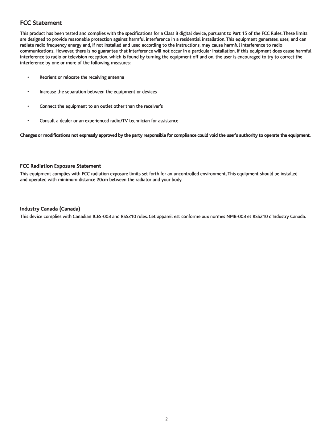 Altec Lansing PT8051 manual FCC Radiation Exposure Statement, Industry Canada Canada, FCC Statement 