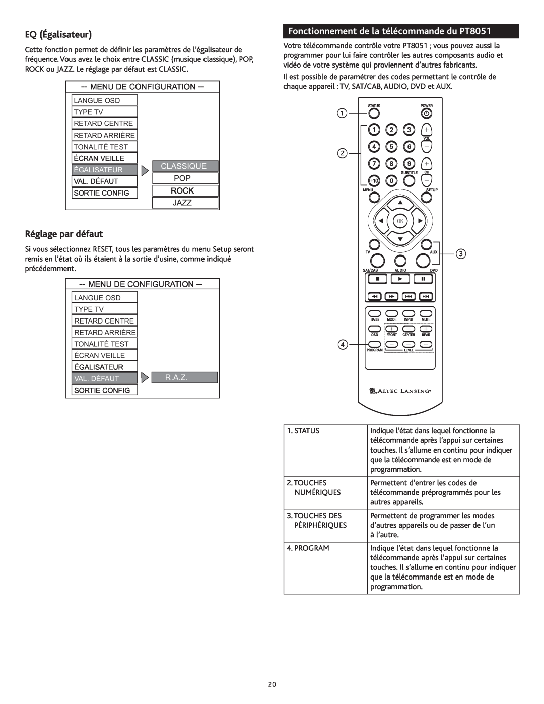 Altec Lansing manual EQ Égalisateur, Réglage par défaut, Fonctionnement de la télécommande du PT8051, Classique, R.A.Z 