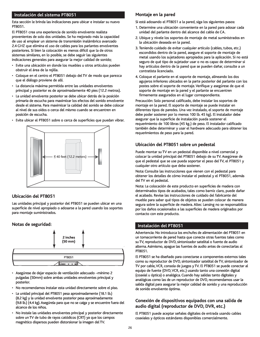 Altec Lansing manual Instalación del sistema PT8051, Ubicación del PT8051, Montaje en la pared, Notas de seguridad 