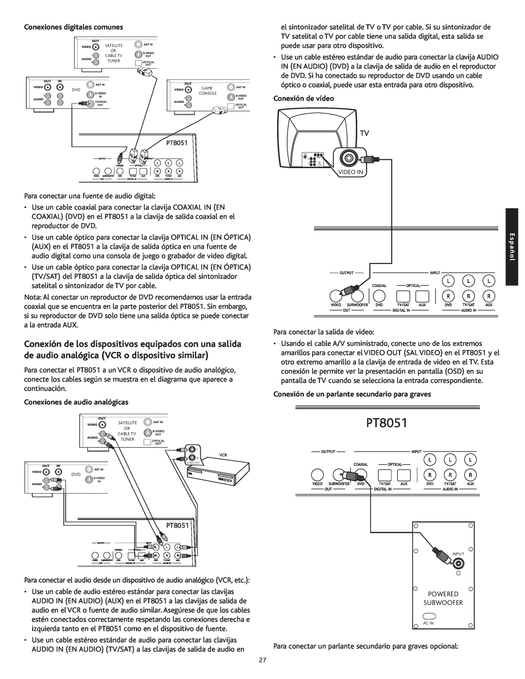 Altec Lansing PT8051 manual Conexiones digitales comunes, Conexión de vídeo, Conexiones de audio analógicas 