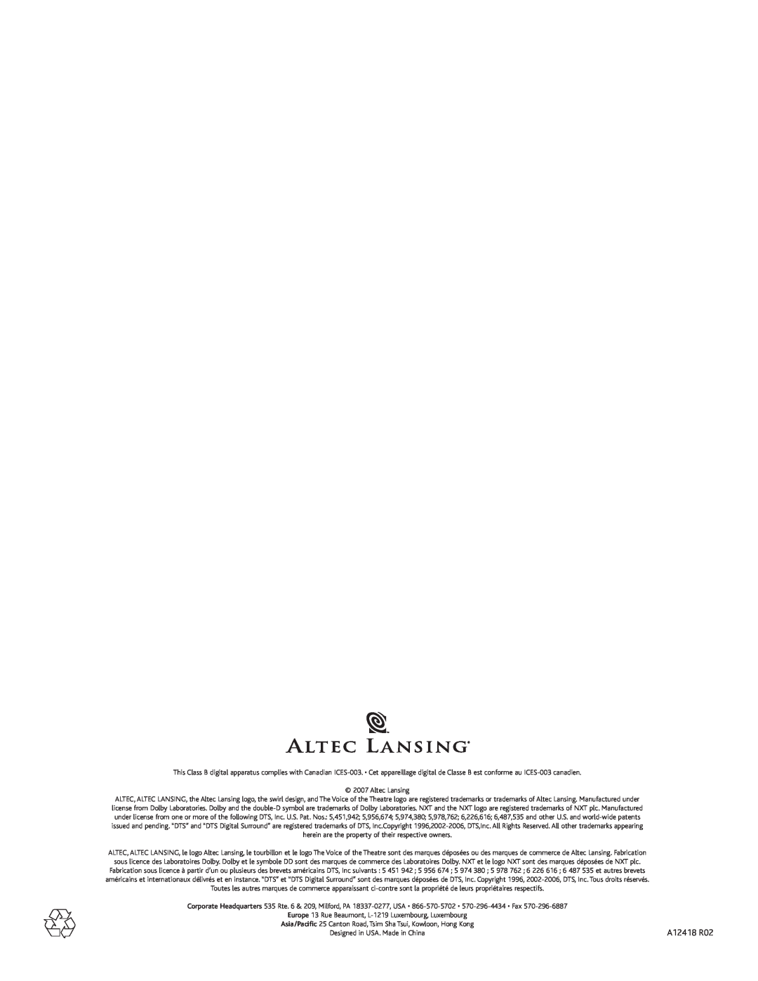 Altec Lansing PT8051 manual A12418 R02 