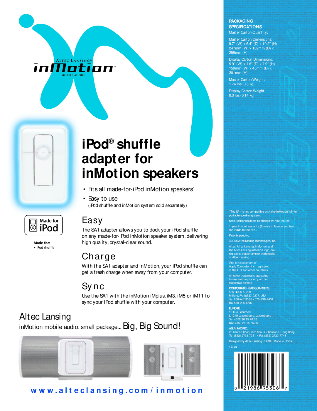 Altec Lansing SA1 specifications IPod shuffle adapter for inMotion speakers, S y, A rge, Sy n c, Altec Lansing 