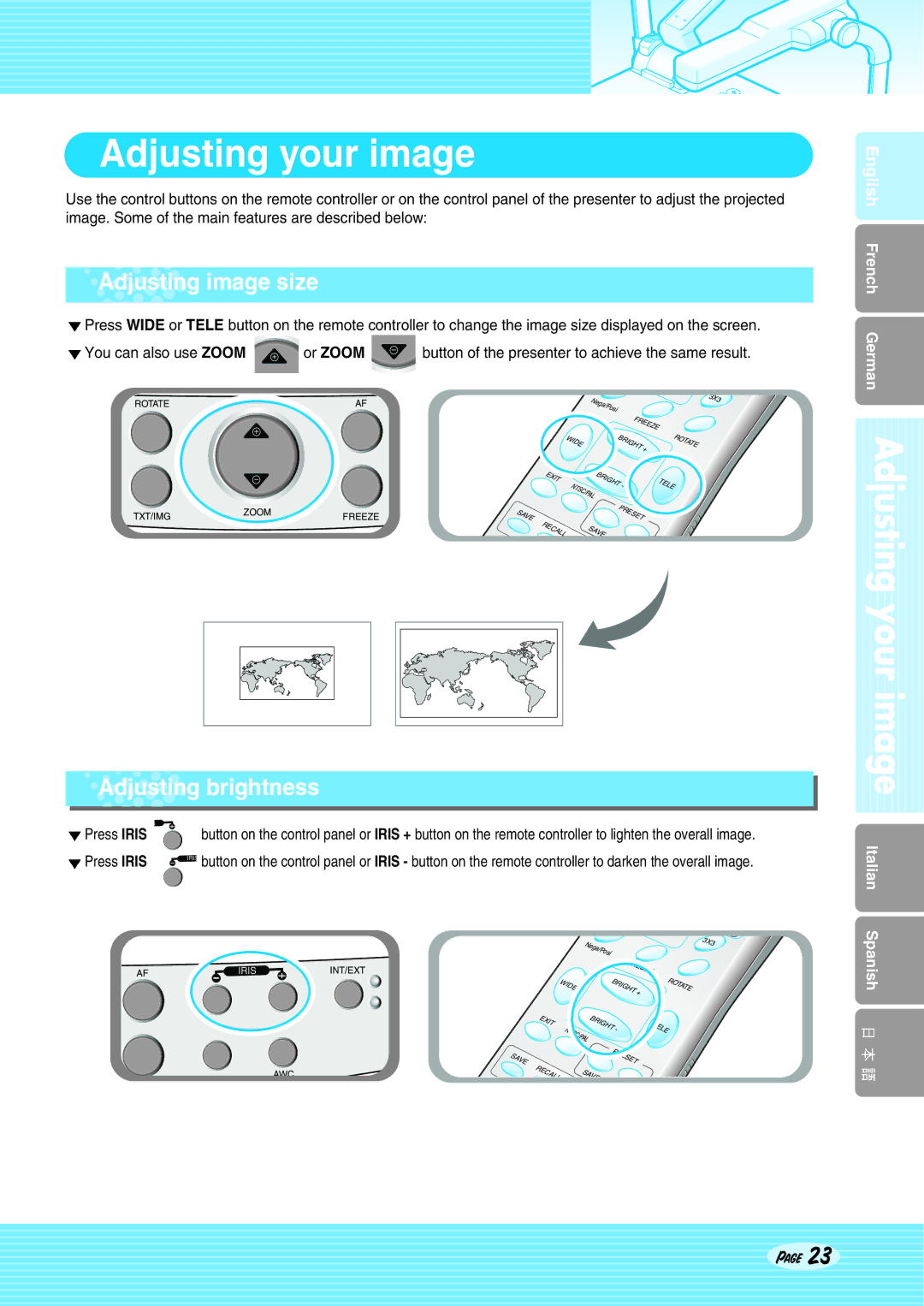 Altec Lansing SDP-950DXA, SDP-950STA user manual Adjusting your image, Adjusting image size, Adjusting brightness 