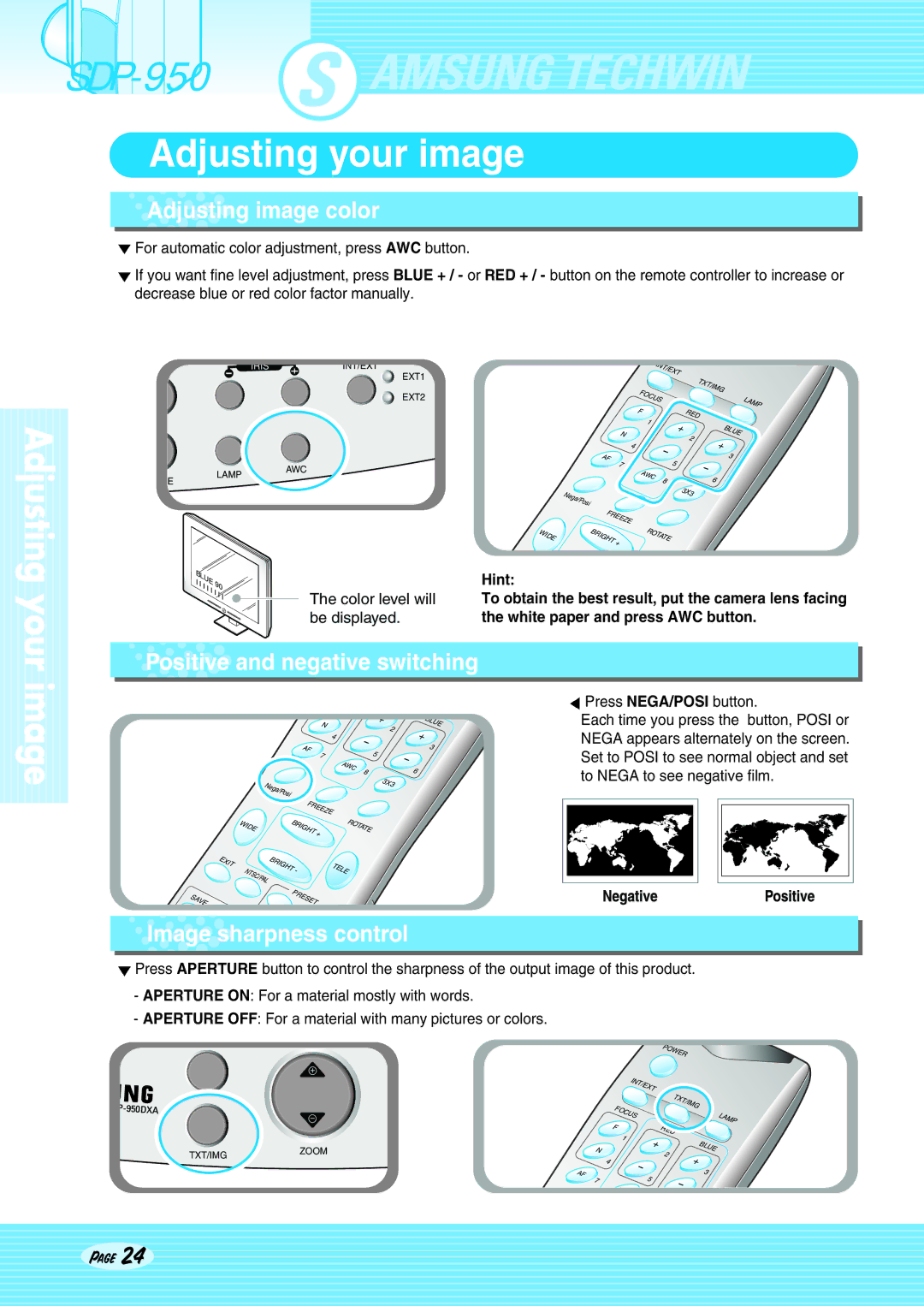 Altec Lansing SDP-950STA, SDP-950DXA Adjusting image color, Positive and negative switching, Image sharpness control 