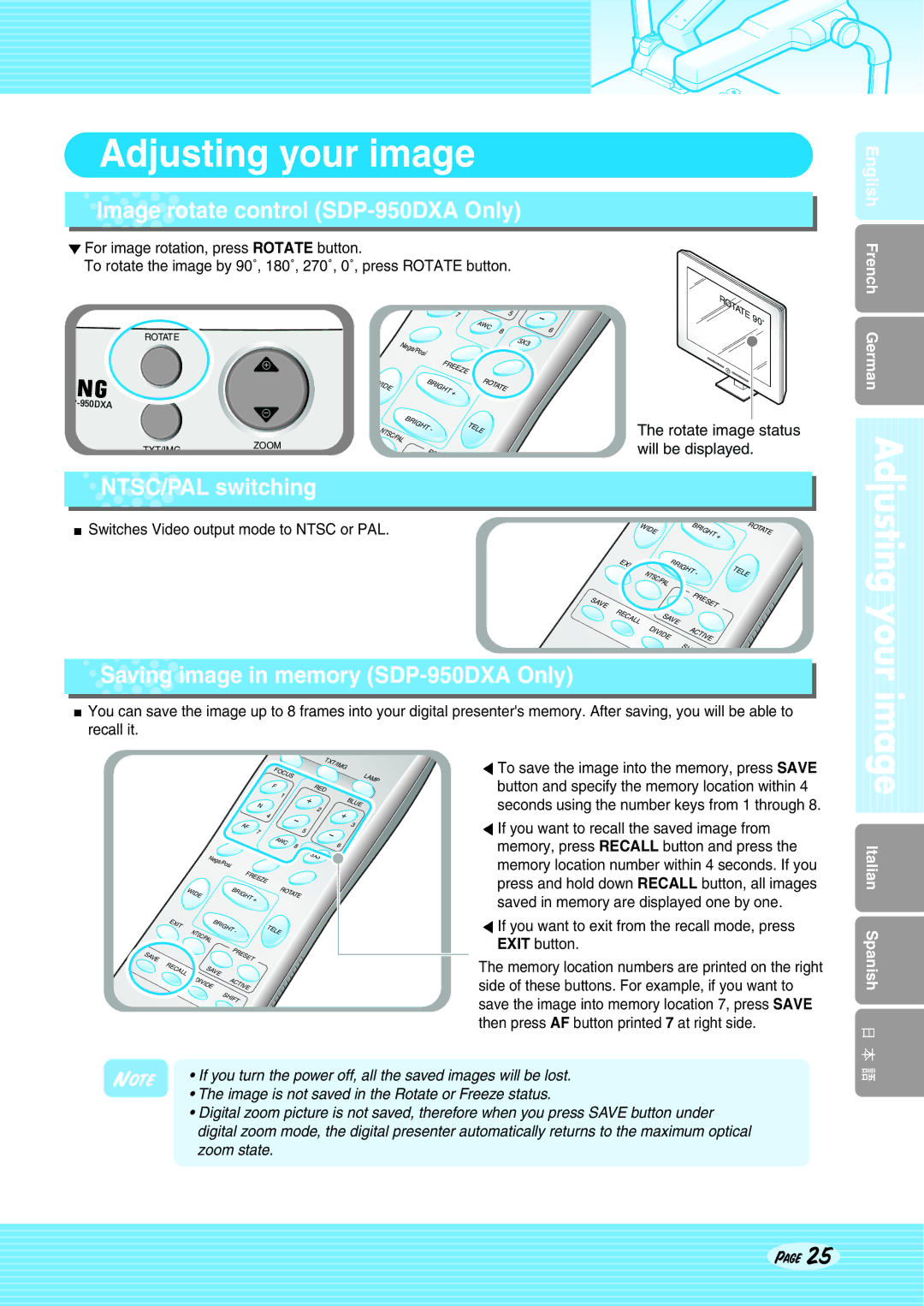 Altec Lansing Image rotate control SDP-950DXA Only, NTSC/PAL switching, Saving image in memory SDP-950DXA Only 
