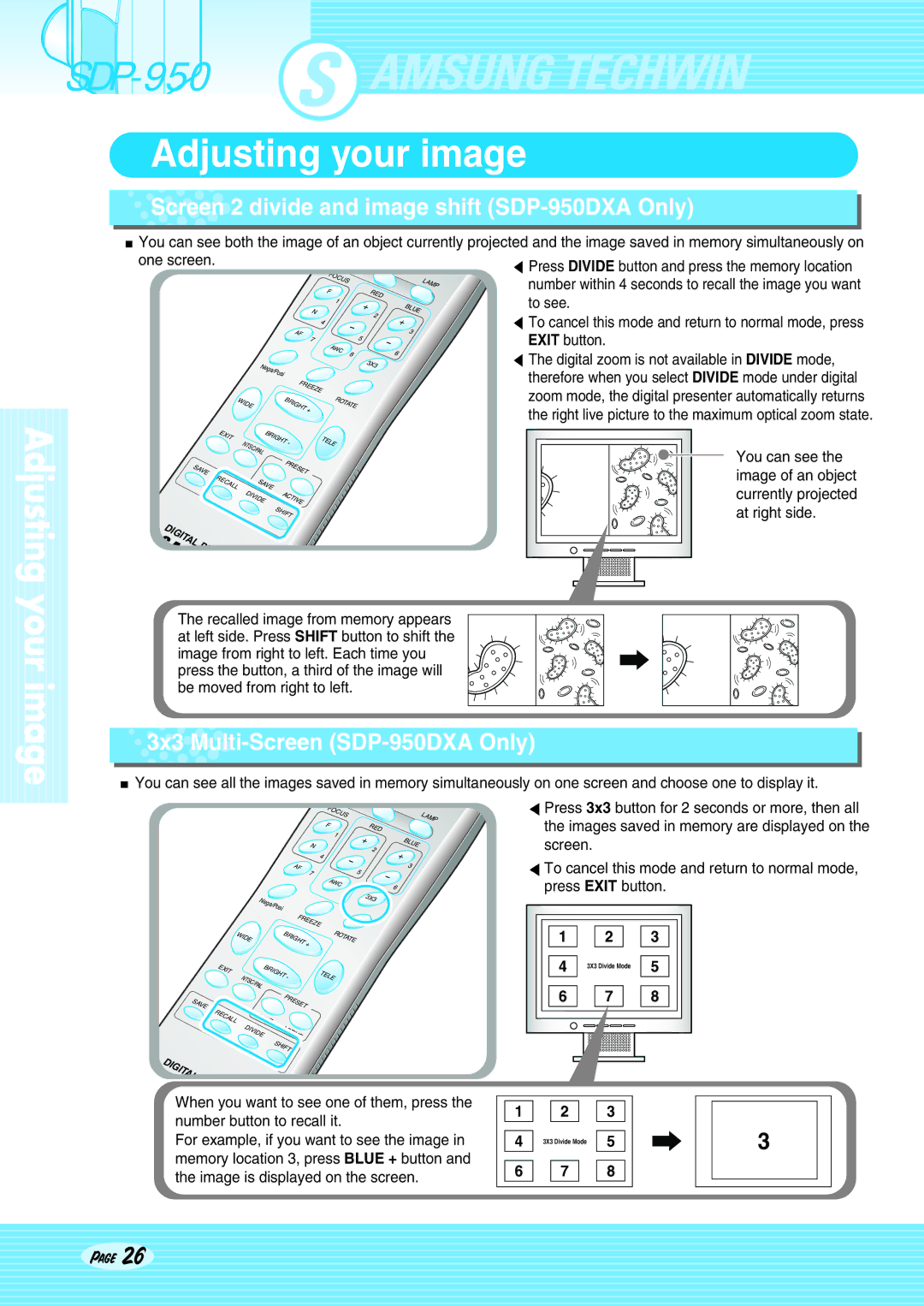 Altec Lansing SDP-950STA user manual Screen 2 divide and image shift SDP-950DXA Only, 3x3 Multi-Screen SDP-950DXA Only 