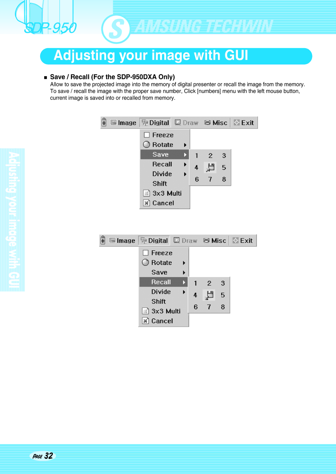 Altec Lansing SDP-950STA user manual Save / Recall For the SDP-950DXA Only 