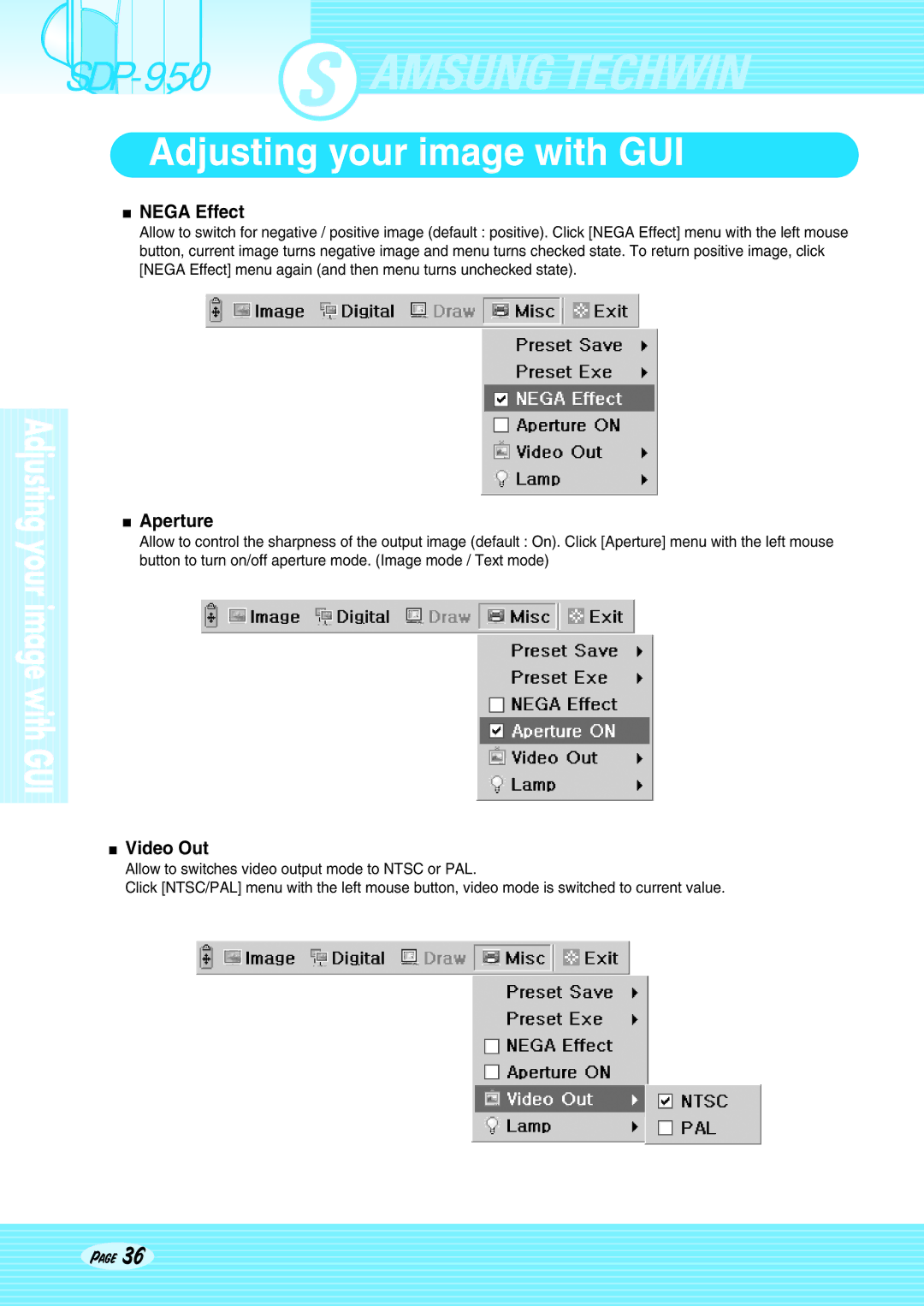 Altec Lansing SDP-950STA, SDP-950DXA user manual Nega Effect, Aperture, Video Out 