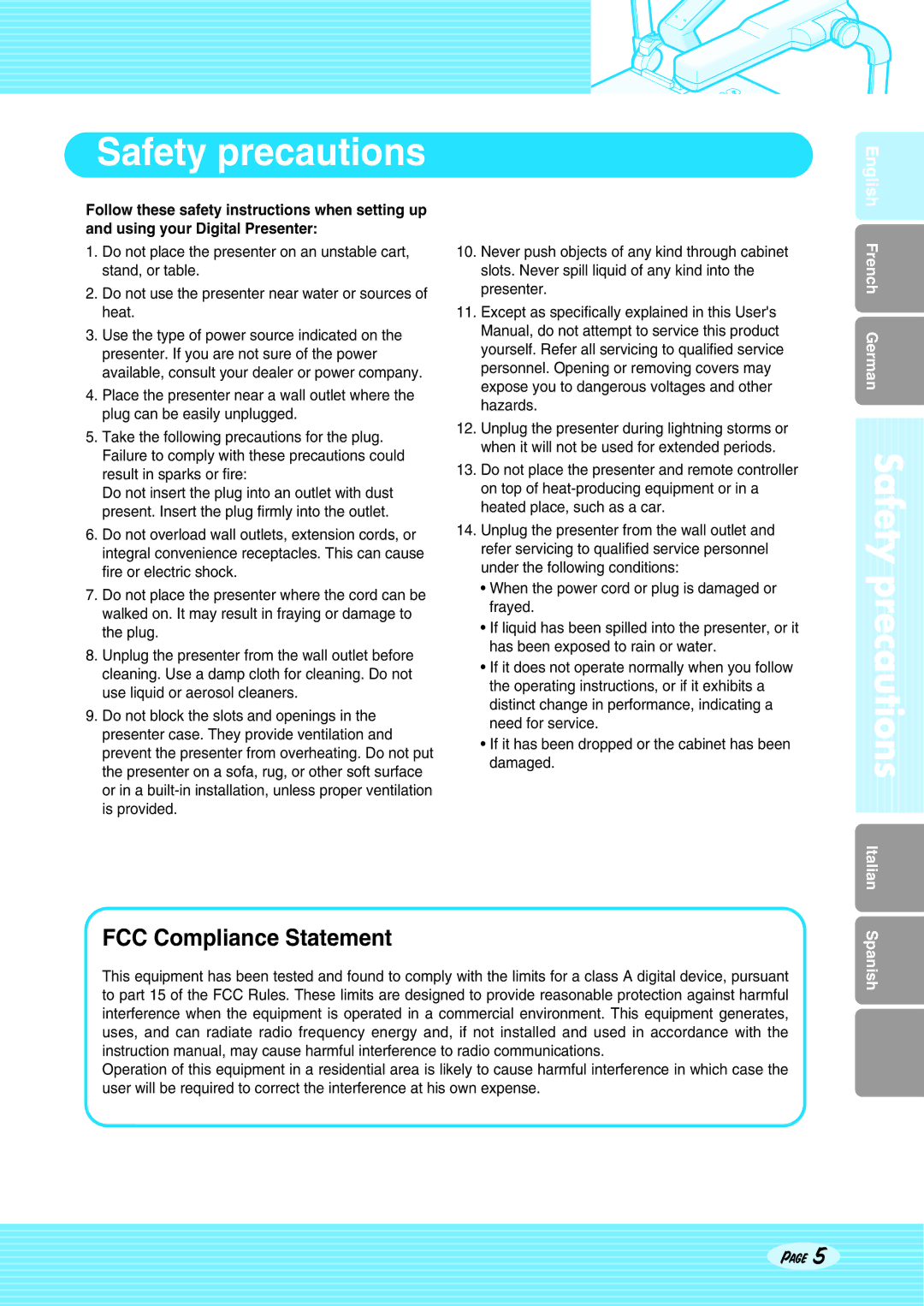 Altec Lansing SDP-950DXA, SDP-950STA user manual Safety precautions, FCC Compliance Statement 