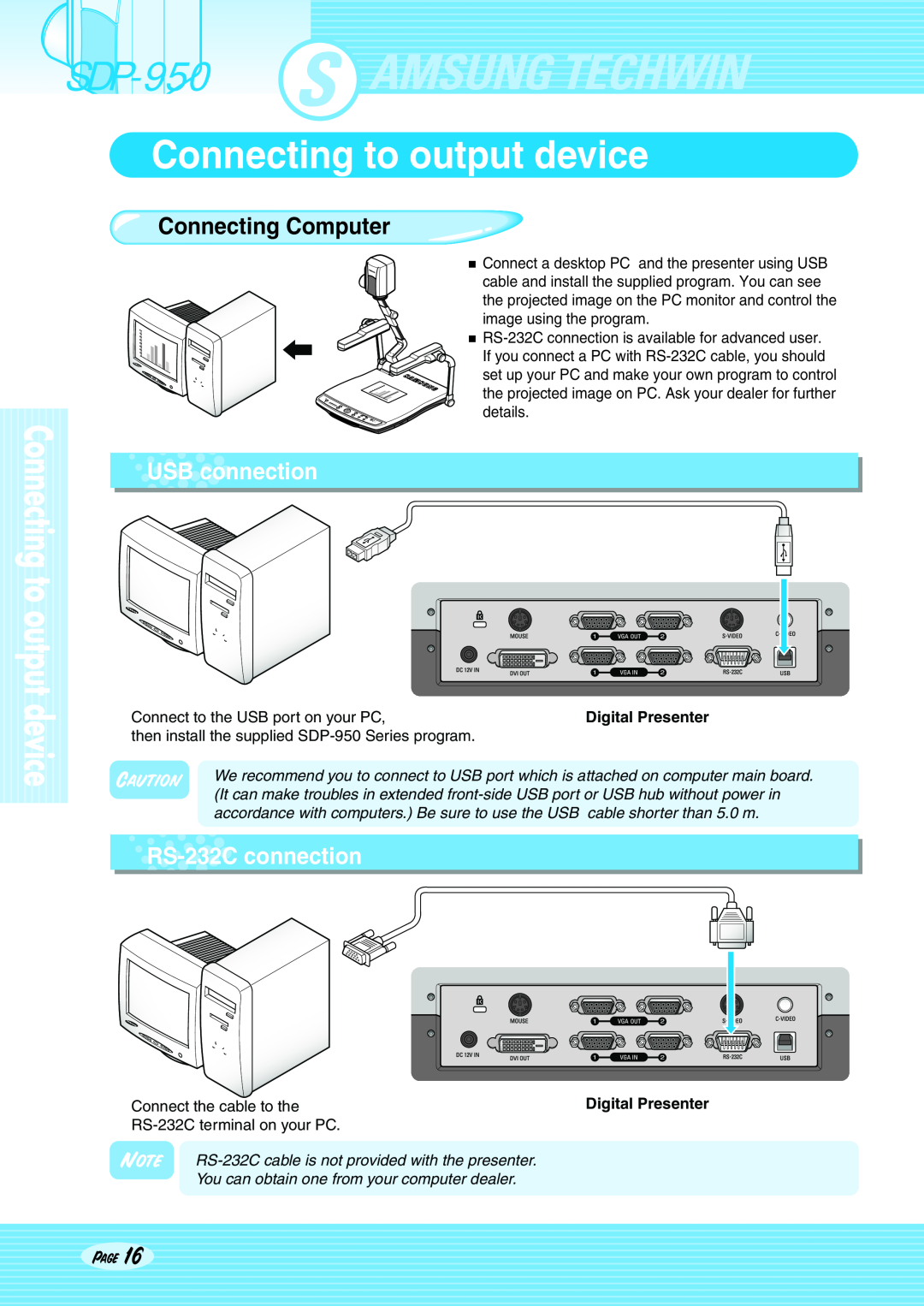 Altec Lansing SDP-950STA, SDP-950DXA Connecting Computer, USBconnection, RS-232C connection, Connecting to output device 