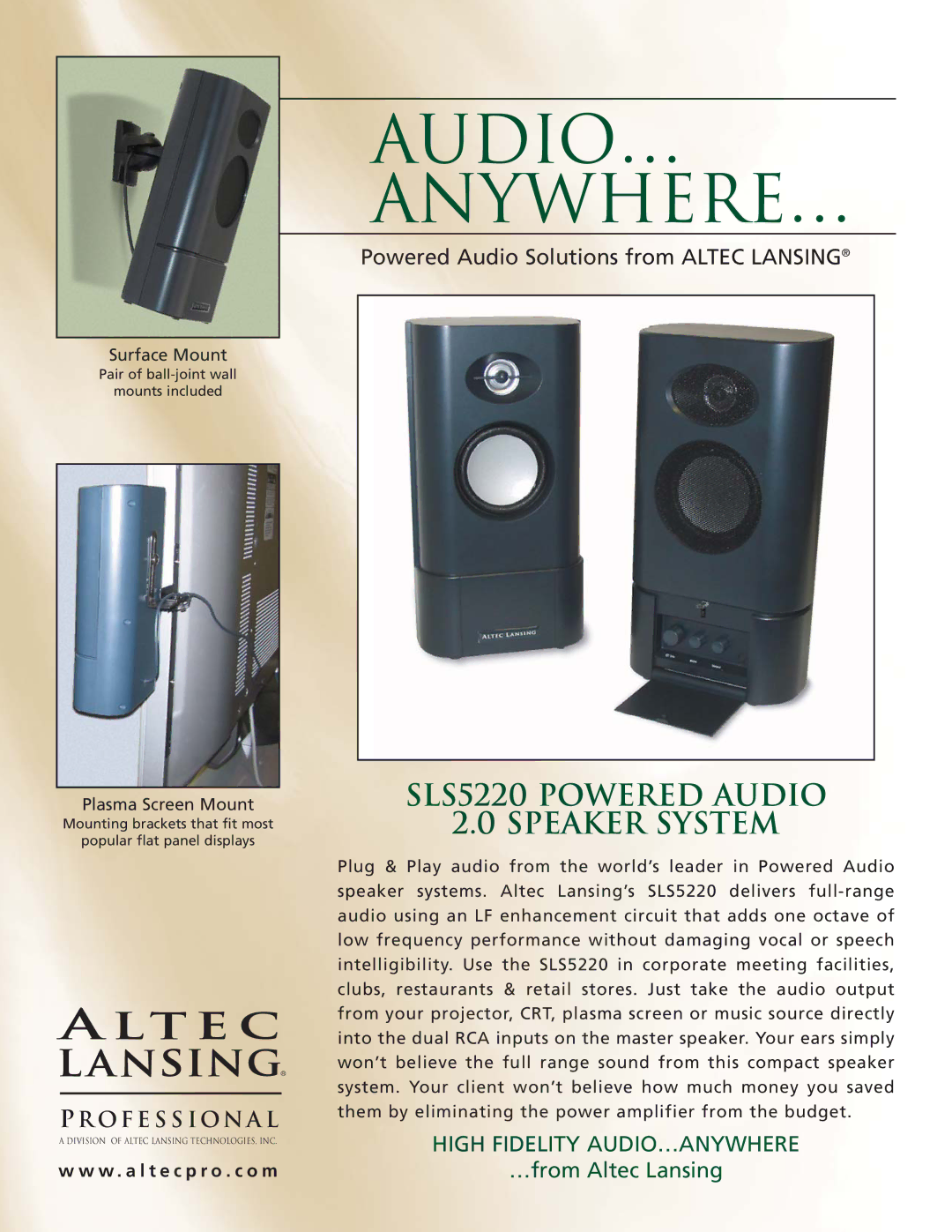 Altec Lansing manual Audio… Anywhere…, SLS5220 Powered Audio Speaker System, High Fidelity AUDIO…ANYWHERE 