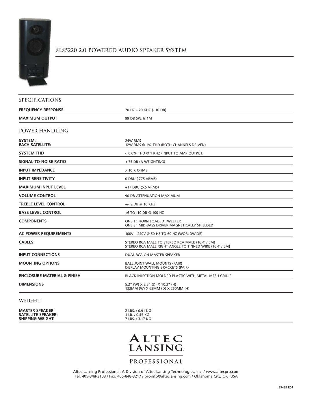 Altec Lansing manual SLS5220 2.0 Powered Audio Speaker System, Specifications, Power Handling, Weight 