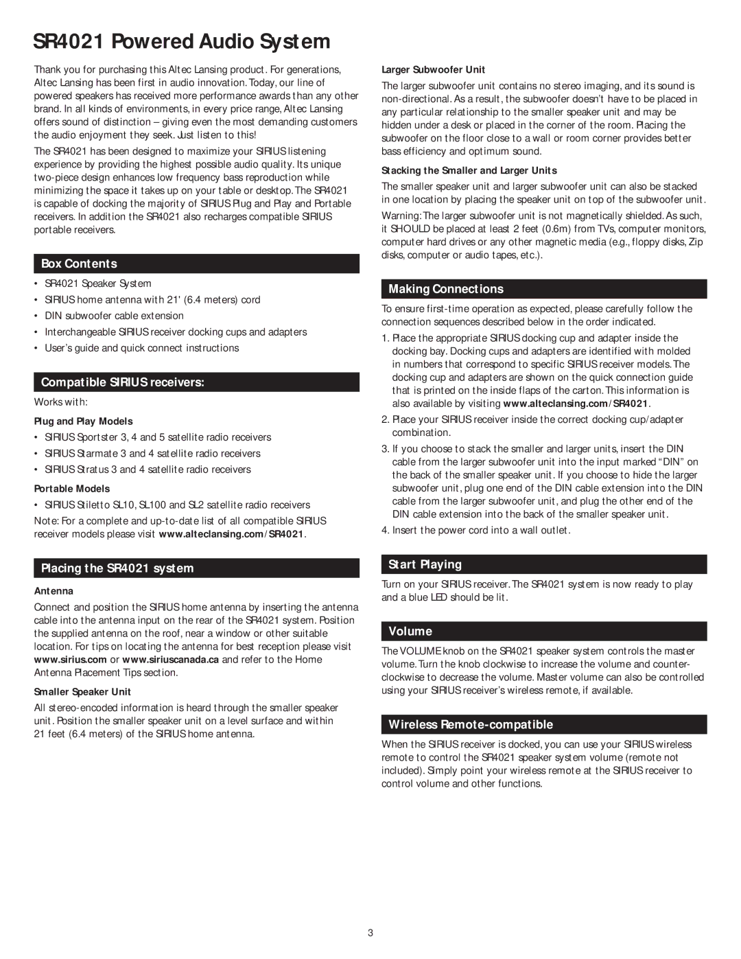 Altec Lansing manual SR4021 Powered Audio System 