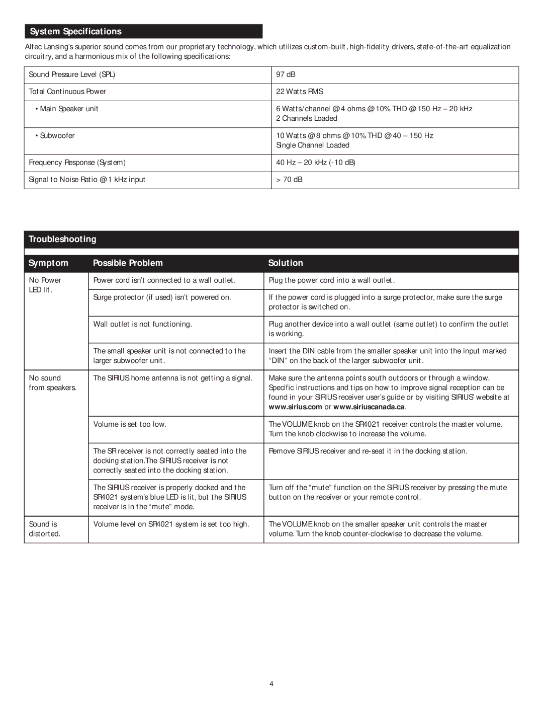 Altec Lansing SR4021 manual System Specifications, Troubleshooting Symptom Possible Problem Solution 