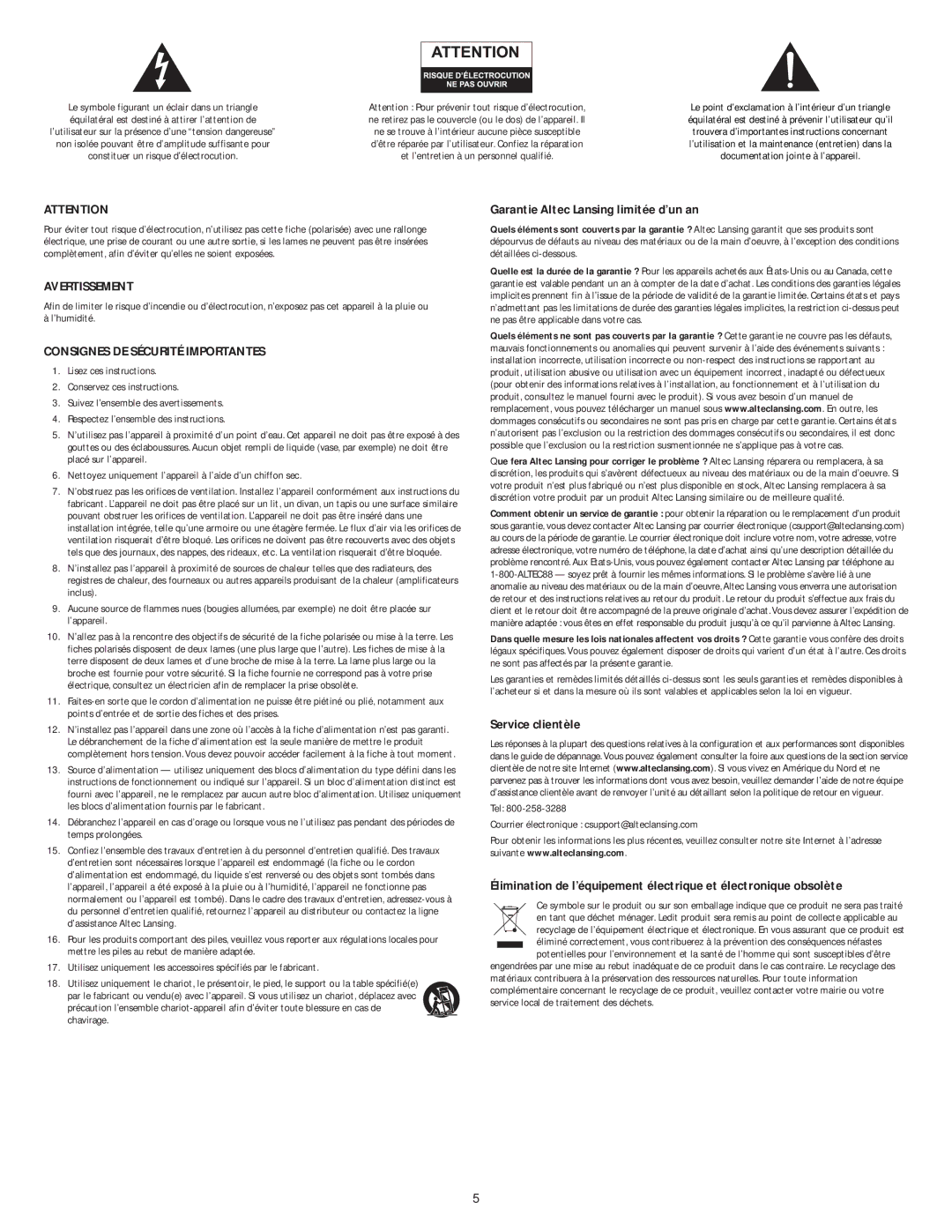 Altec Lansing SR4021 manual Avertissement, Consignes DE Sécurité Importantes, Garantie Altec Lansing limitée d’un an 