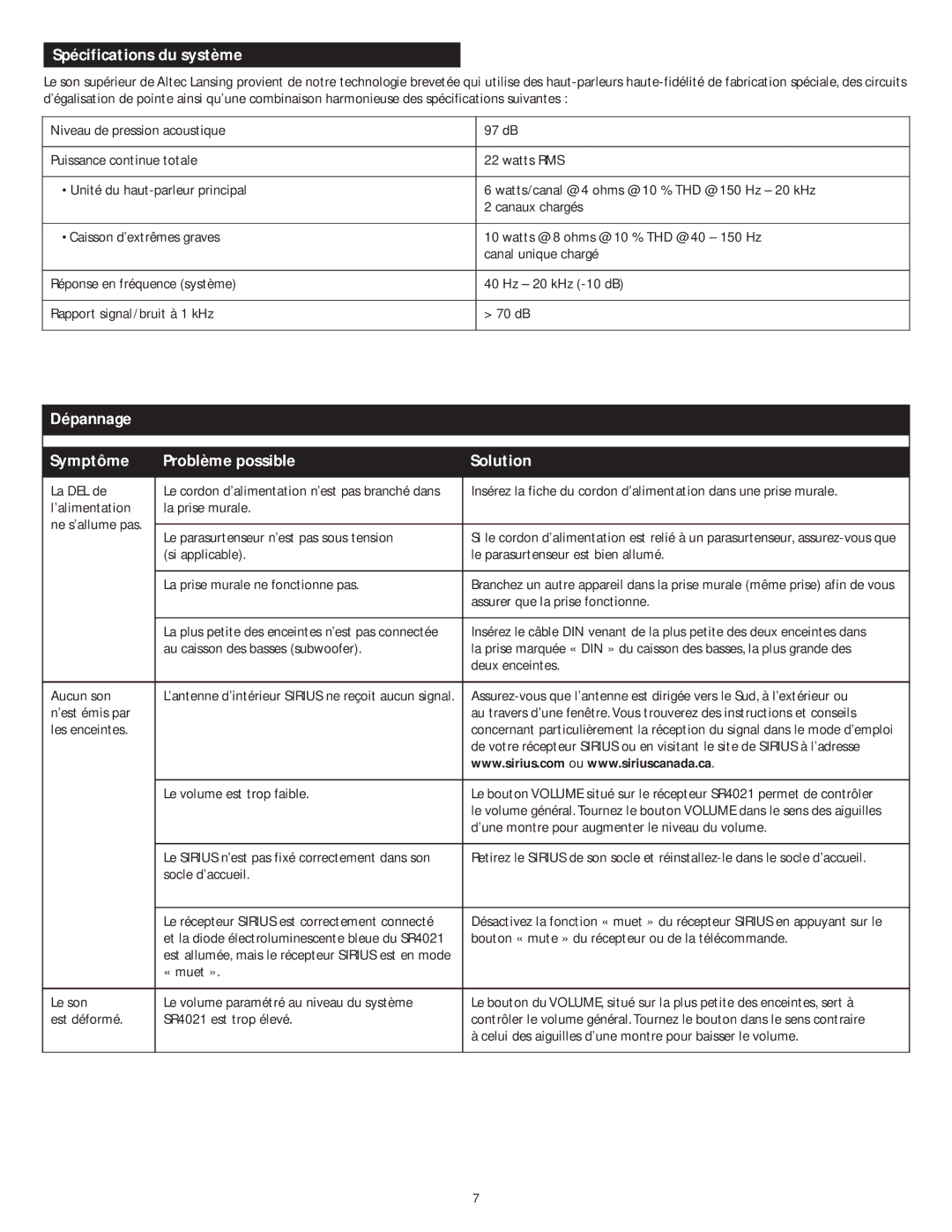 Altec Lansing SR4021 manual Spécifications du système, Dépannage Symptôme Problème possible Solution 