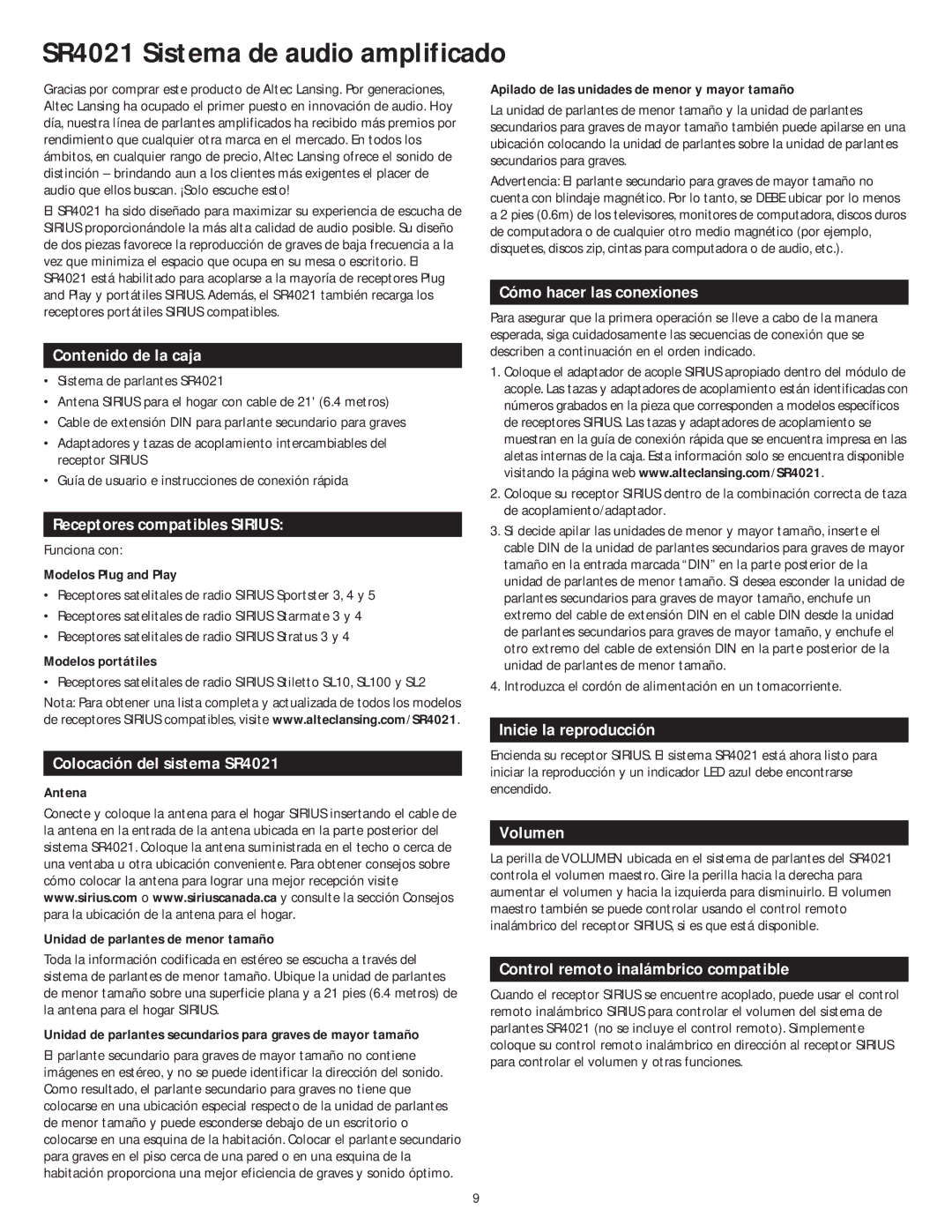 Altec Lansing manual SR4021 Sistema de audio amplificado 