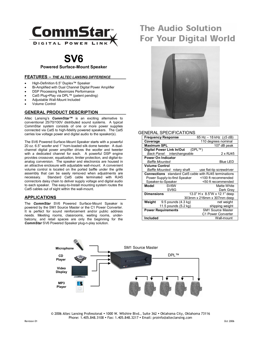 Altec Lansing SV6 specifications General Product Description, General Specifications, Applications 