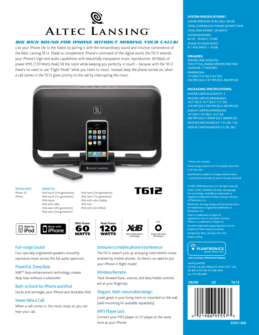 Altec Lansing T612 manual Big rich sound for iphone without missing your calls, Full-range Sound, Powerful, Deep Bass 