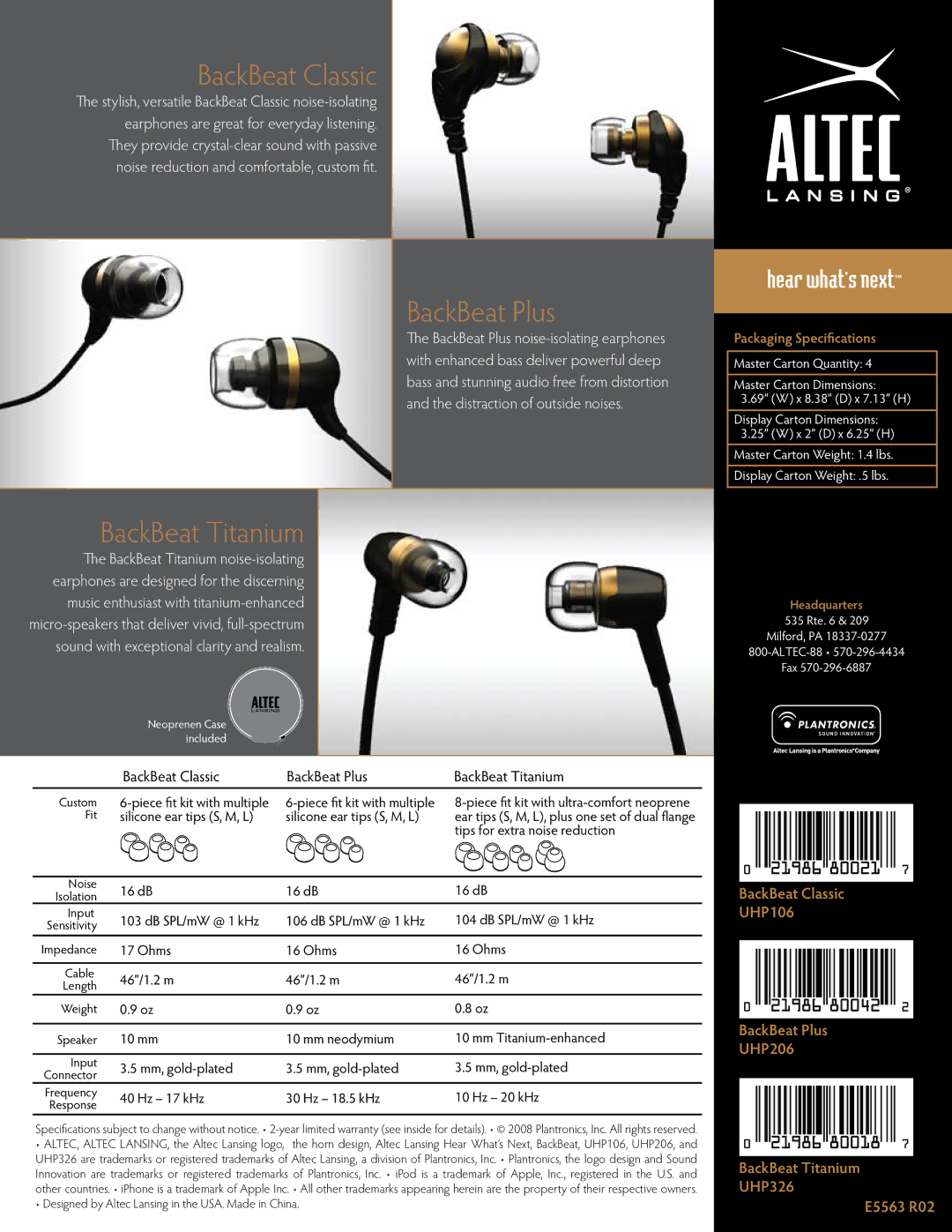 Altec Lansing UHP106, UHP326, UHP206 BackBeat Classic BackBeat Plus BackBeat Titanium, Packaging Specifications 