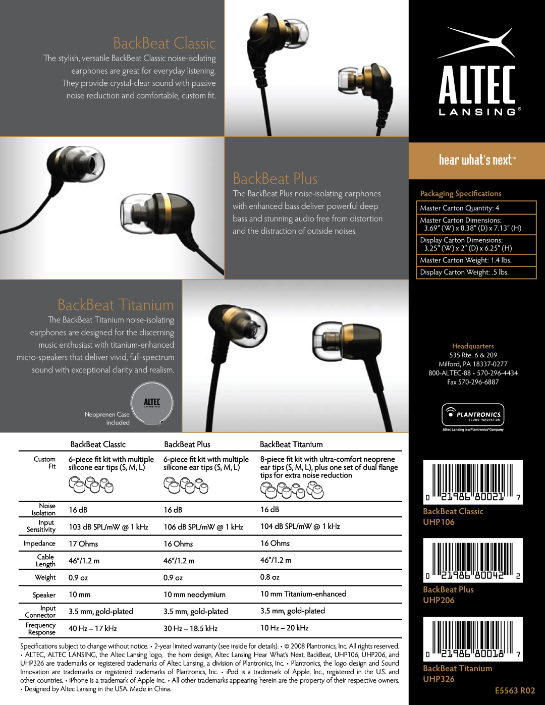 Altec Lansing UHP326 BackBeat Titanium, BackBeat Classic UHP106 BackBeat Plus UHP206, Packaging Specifications 