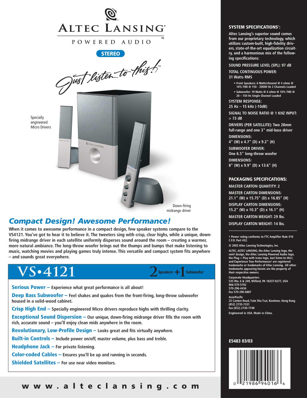 Altec Lansing VS-4121 manual System SPECIFICATIONS†, Packaging Specifications 